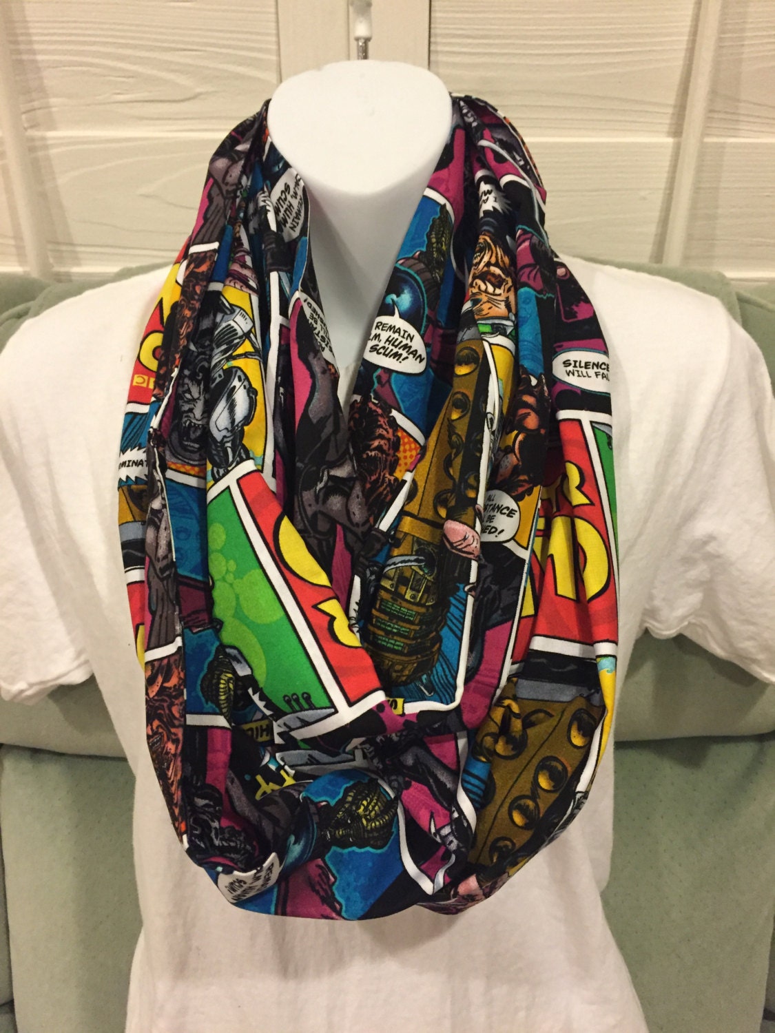 Whovian-Inspired Comic Strip Infinity Scarf | Cozy Flannel Fall Fashion Accessory for Sci-Fi Fans & Handmade Gifts by Lina Loves Two, handmade in Los Angeles CA