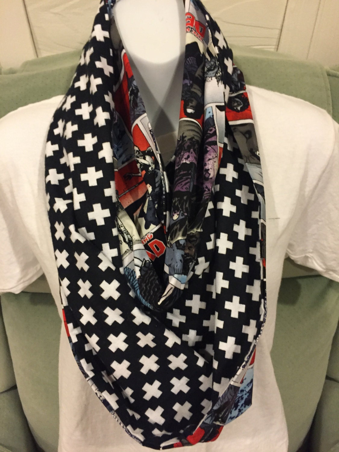 Walking Dead Infinity Scarf - Handmade Flannel Print, Plus Signs, Zombie Apocalypse Fashion by Lina Loves Two, handmade in Los Angeles CA