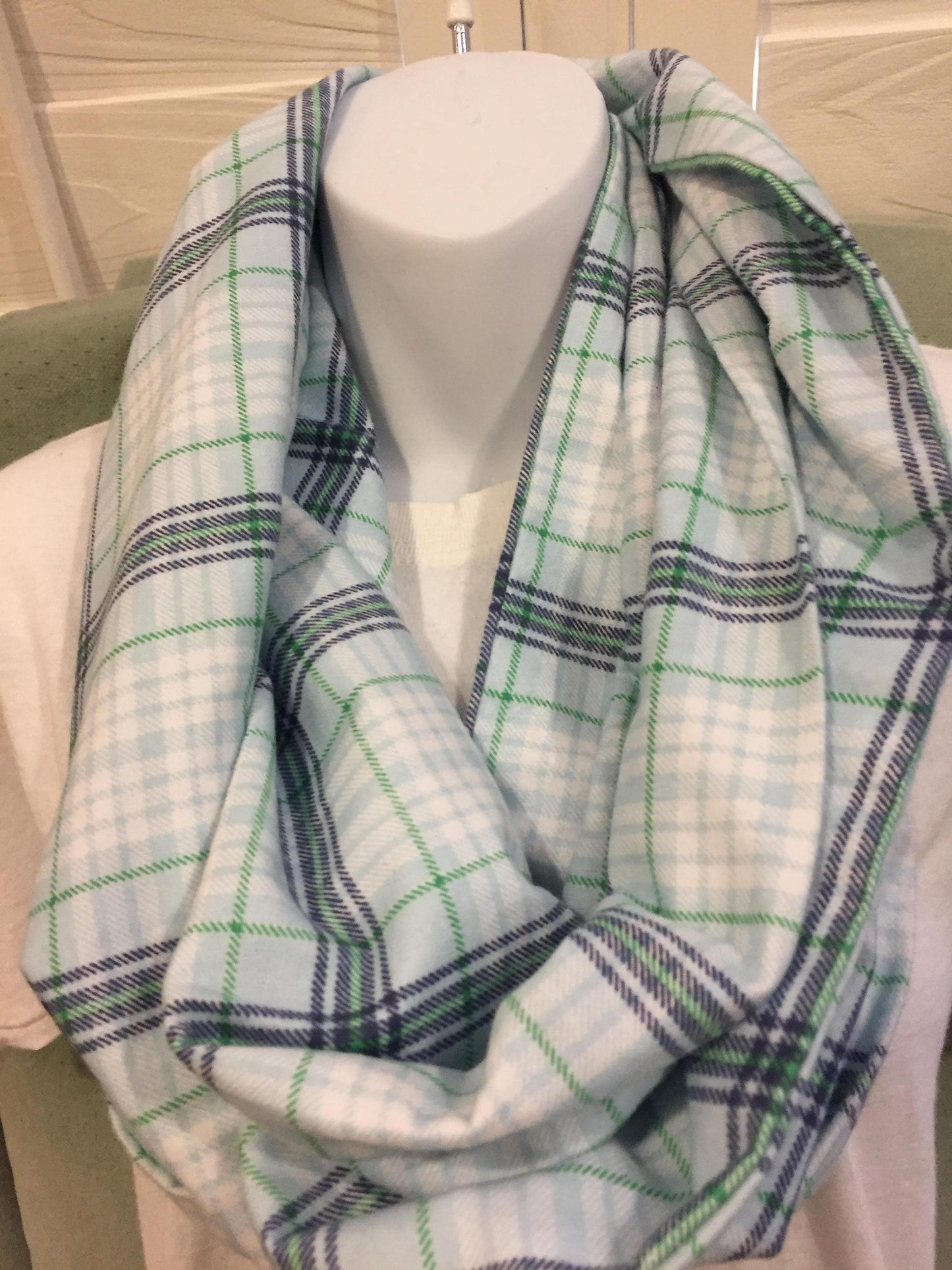 Cozy Blue and Green Plaid Flannel Infinity Scarf - Stylish Winter Fashion Accessory by Lina Loves Two, handmade in Los Angeles CA