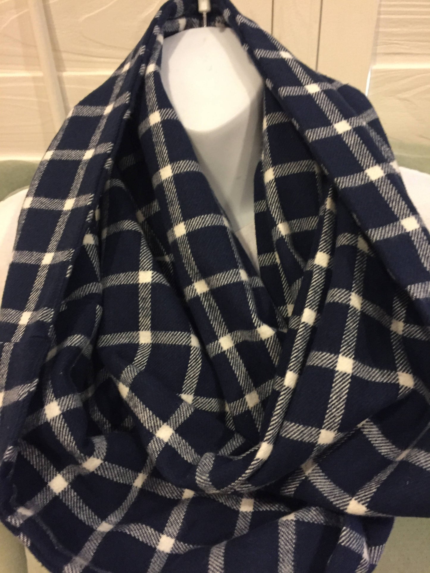 Handmade Blue and White Blocks Plaid Fleece Infinity Scarf - Cozy Winter Fashion Accessory by Lina Loves Two, handmade in Los Angeles CA