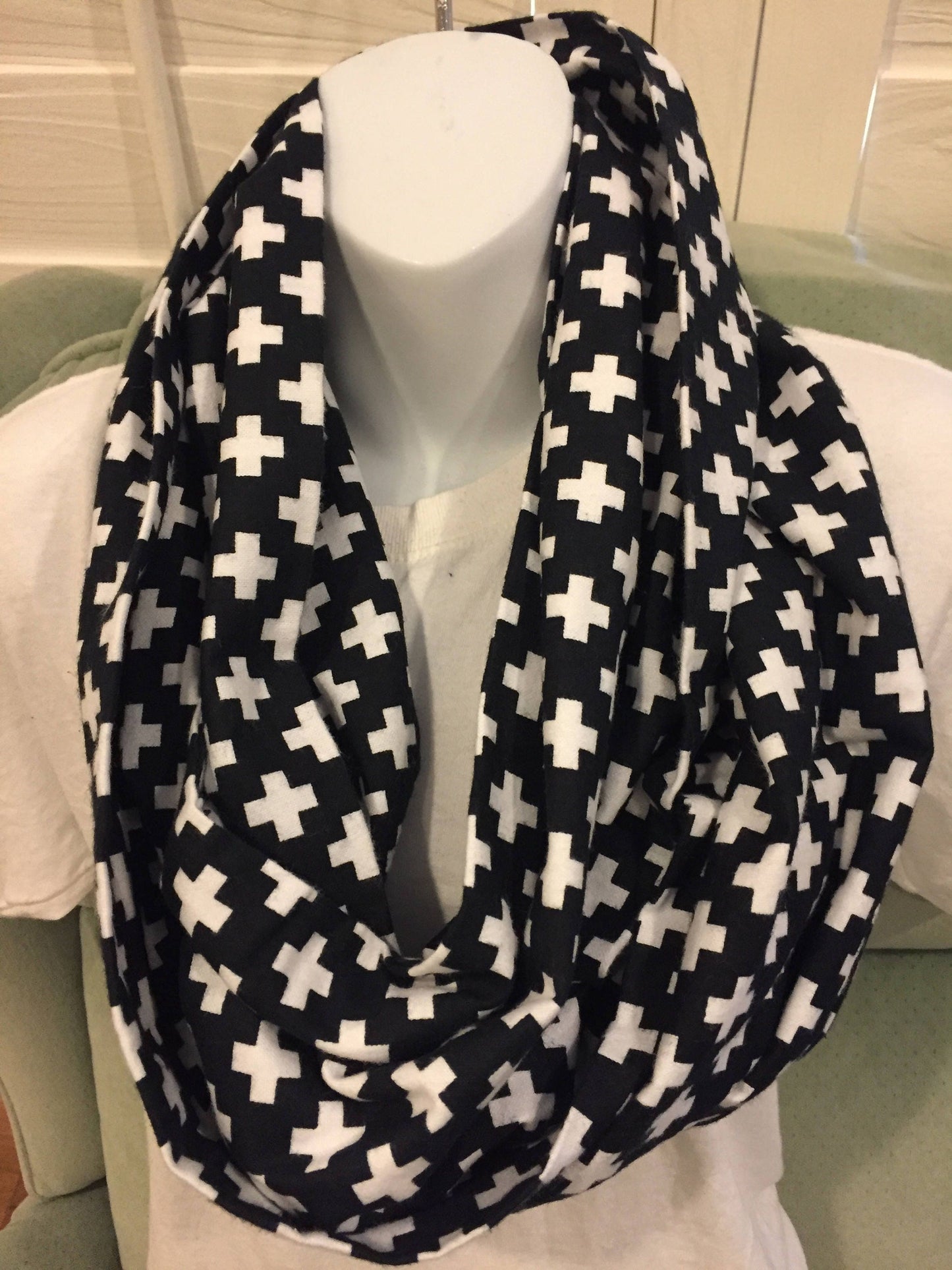 Handmade Cotton Infinity Scarf: Plus Sign Print Lightweight Neck Warmer by Lina Loves Two, handmade in Los Angeles CA