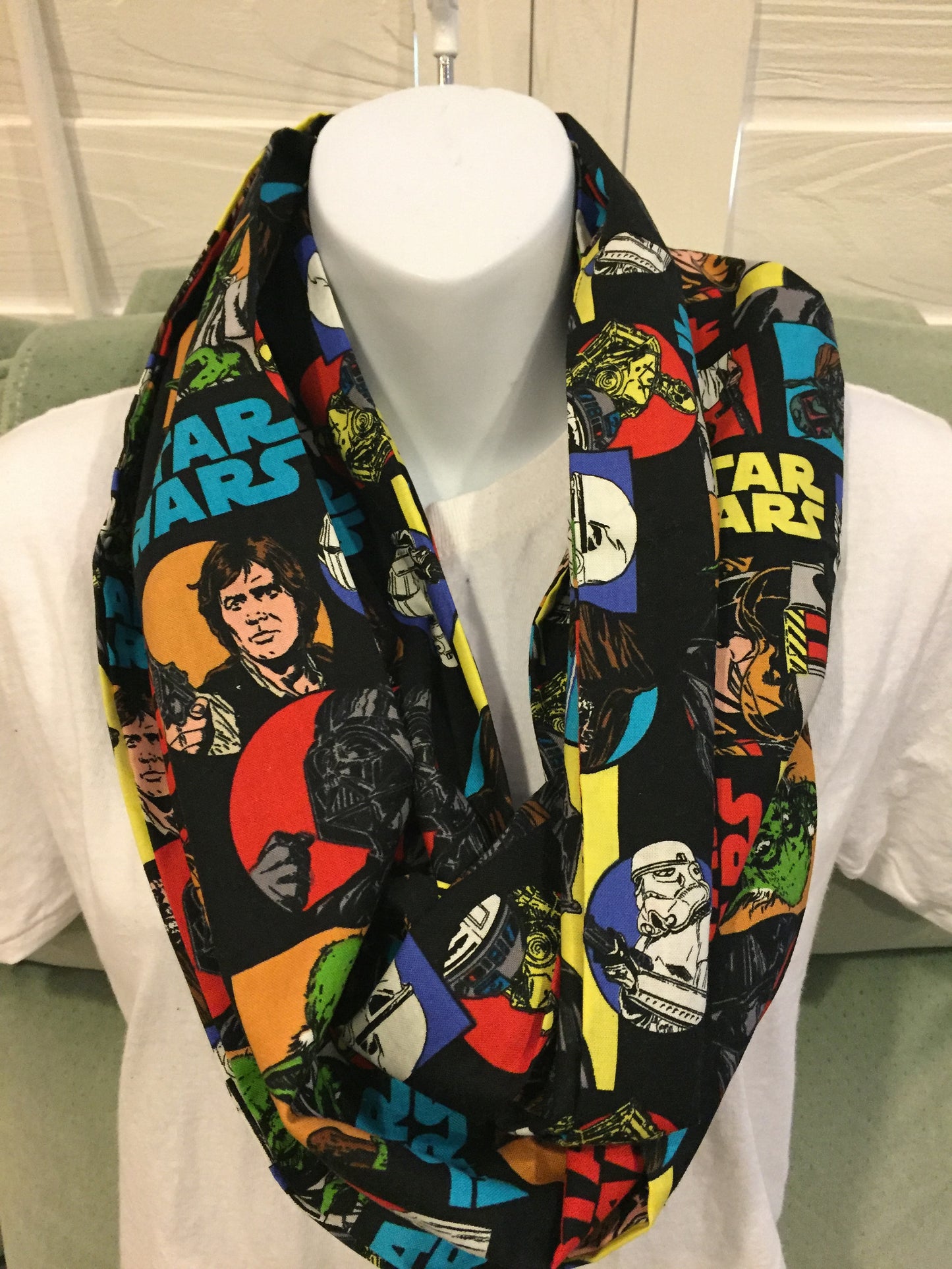 Star Wars Cartoon Characters Infinity Scarf - Galactic Fashion Accessory with Iconic Characters by Lina Loves Two, handmade in Los Angeles CA