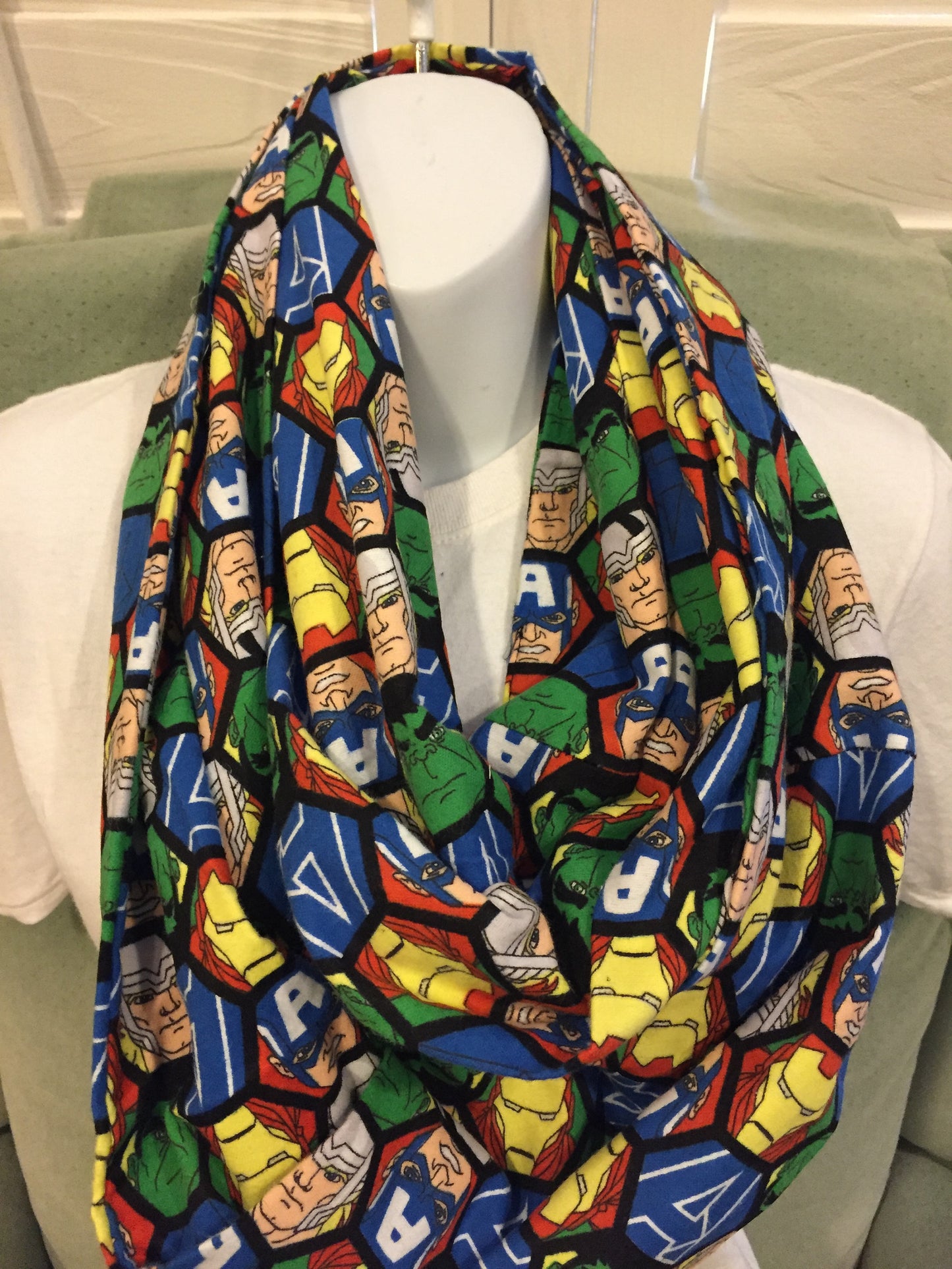 Avengers Faces Flannel Infinity Scarf - Marvel Fashion Accessory - Superhero Gift for Fans by Lina Loves Two, handmade in Los Angeles CA