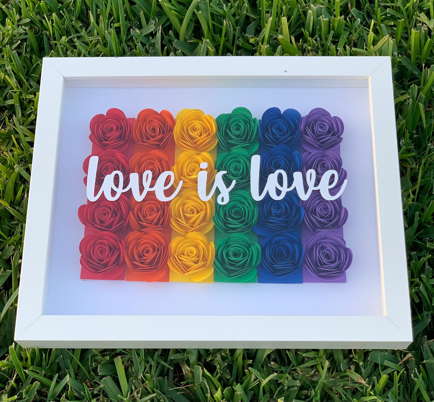 Express Love: LGBTQ Pride 3D Flower Shadow Box - Love is Love, Rainbow Decor with Vibrant Paper Flowers by Lina Loves Two, handmade in Los Angeles CA