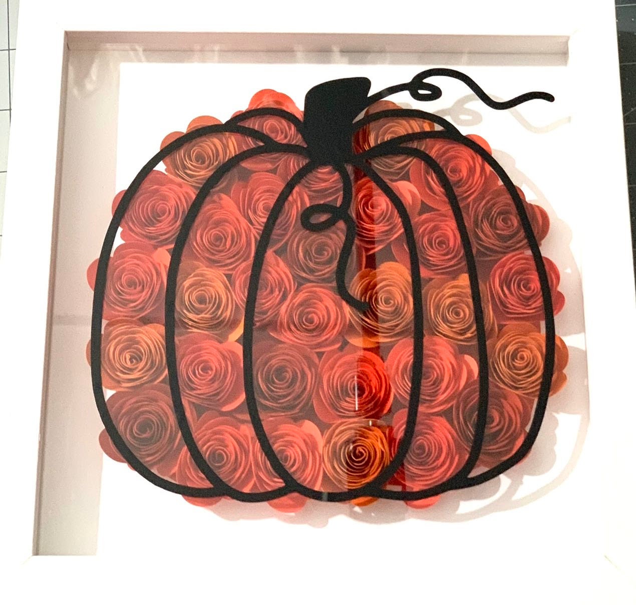 Autumn Elegance: Fall Pumpkin Floral Shadow Box - 3D Wall Decor with Paper Flowers, Unique Autumn Flower Shadow Box by Lina Loves Two, handmade in Los Angeles CA