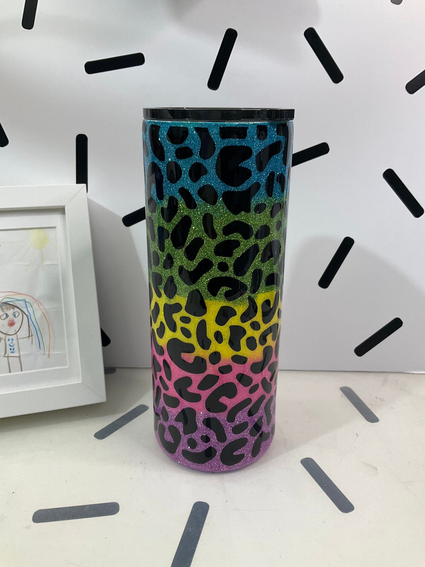 Leopard Glitter Rainbow Tumbler | Gifts | 30oz Fatty Tumbler Stainless Steel Cup w/ Straw | Leopard Design by Lina Loves Two, handmade in Los Angeles CA