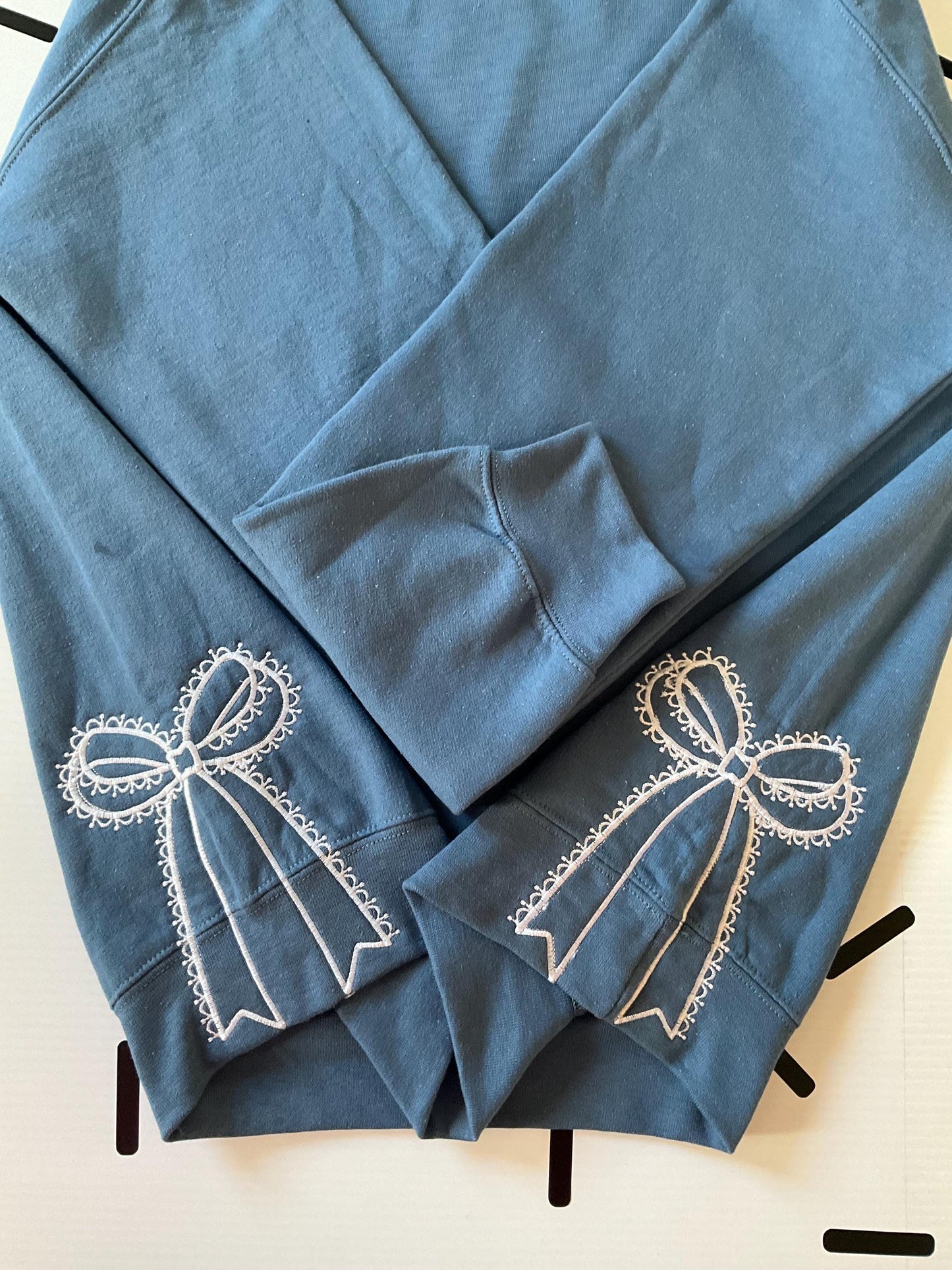 Embroidered Side Bow Sweatshirt: Classic Lace Design by Lina Loves Two, handmade in Los Angeles CA