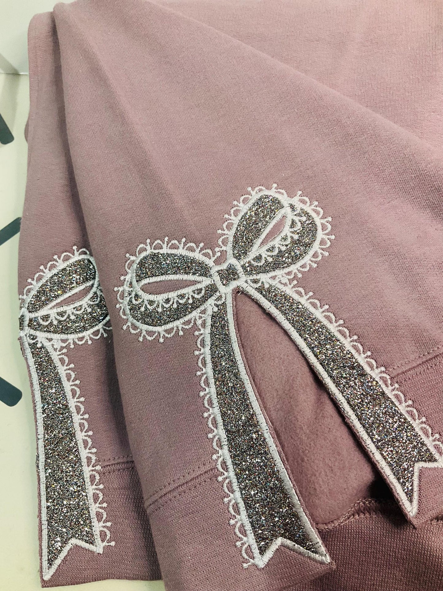 Embroidered Lace Glitter Bow Sweatshirt: Side Appliqué Design by Lina Loves Two, handmade in Los Angeles CA