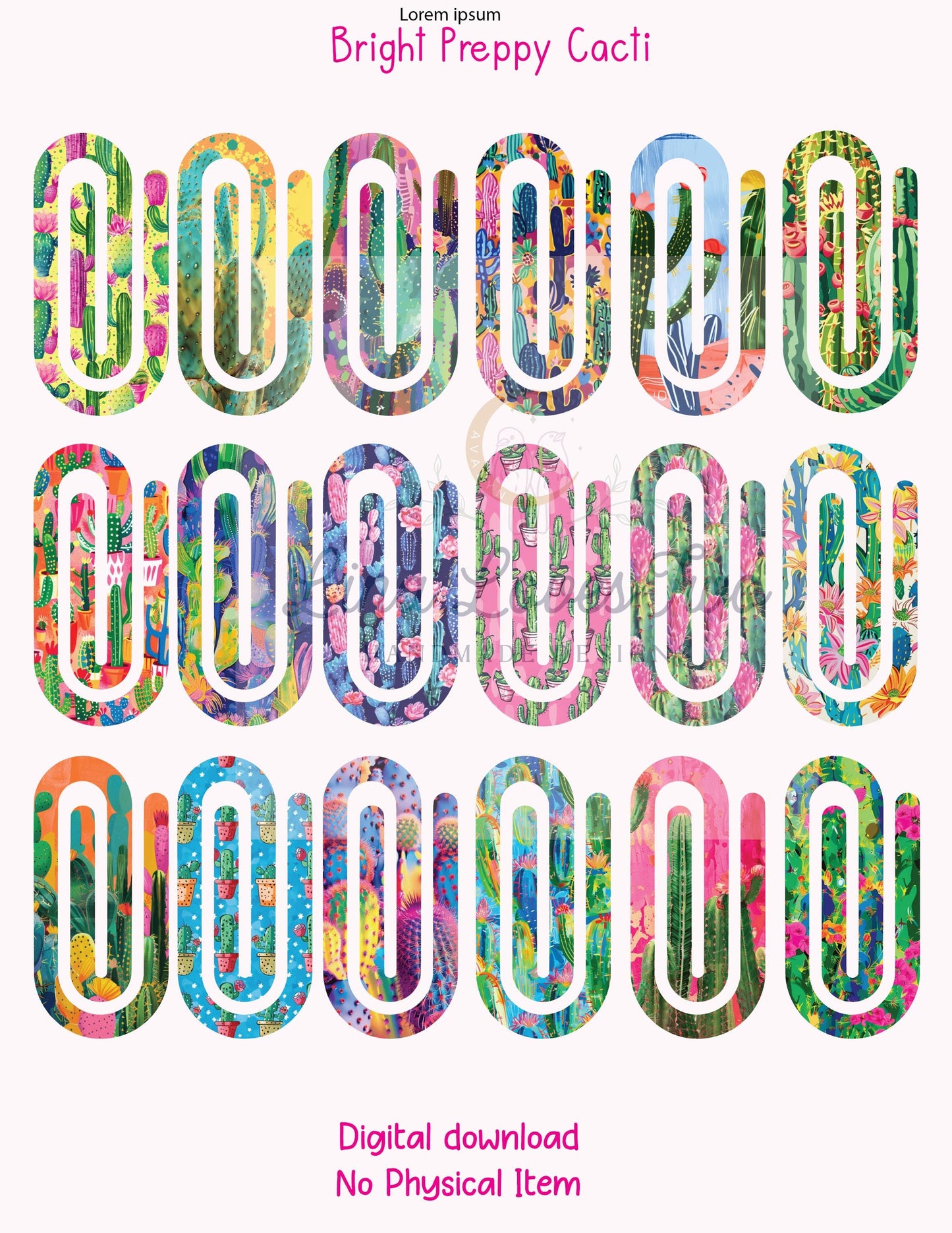 Bright Preppy Cacti Jumbo Paperclip PNG – Sublimation Clipart | Bright Cacti Jumbo Paperclip Sublimation | Cacti Theme Paperclips