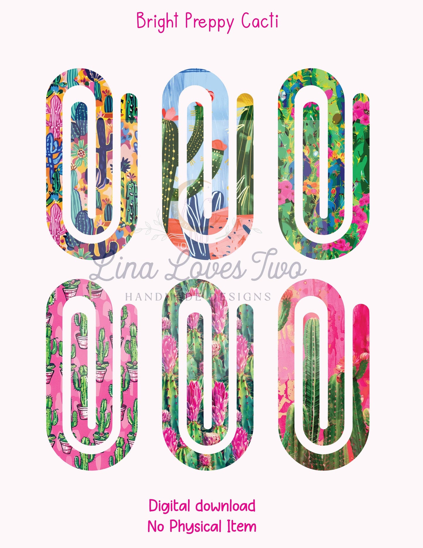 Bright Preppy Cacti Jumbo Paperclip PNG – Sublimation Clipart | Bright Cacti Jumbo Paperclip Sublimation | Cacti Theme Paperclips