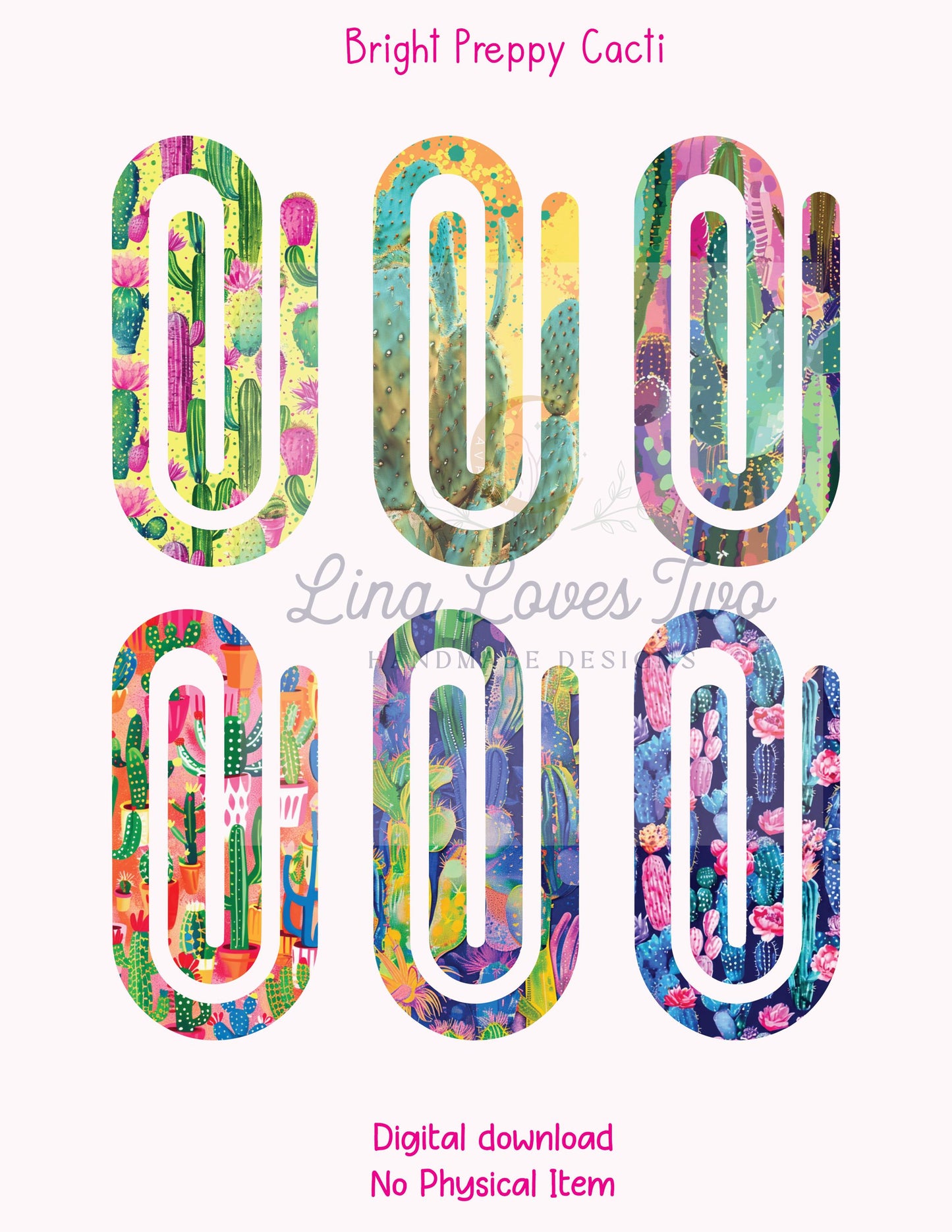 Bright Preppy Cacti Jumbo Paperclip PNG – Sublimation Clipart | Bright Cacti Jumbo Paperclip Sublimation | Cacti Theme Paperclips