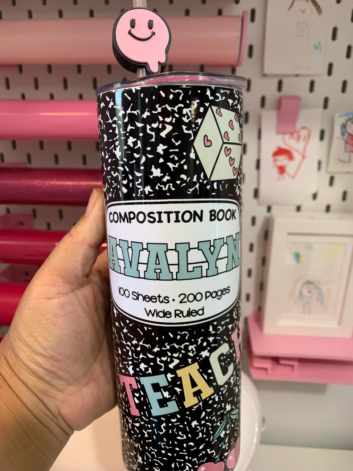 20oz Stainless Steel Composition Doodle Custom Tumbler with Straw Topper – Personalized Teacher Gift by Lina Loves Two, handmade in Los Angeles CA