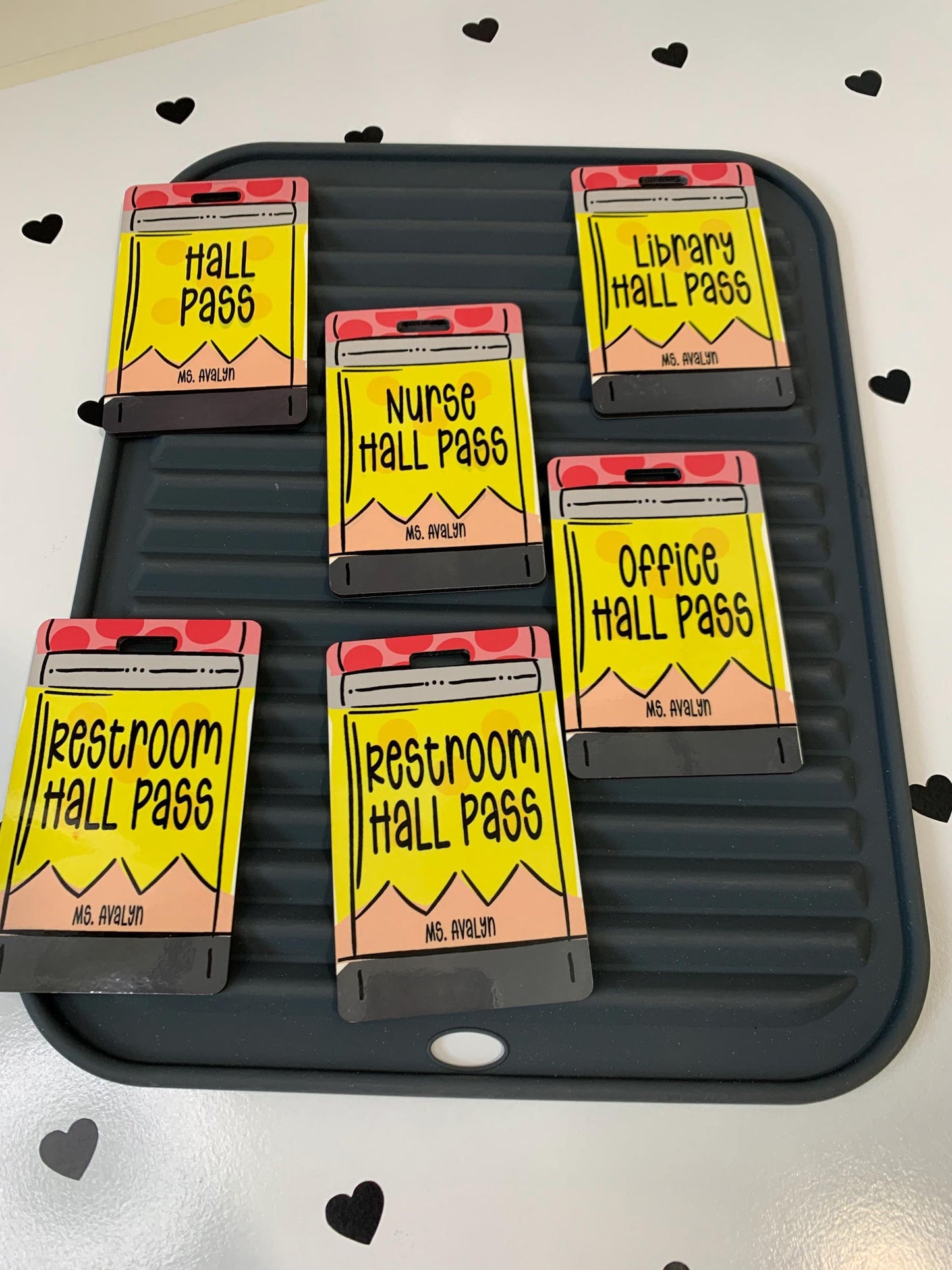 “Personalized double-sided pencil hall pass with lanyard”
“6-pack teacher classroom hall pass set with custom name”
“Back to school whimsical pencil-themed pass set”