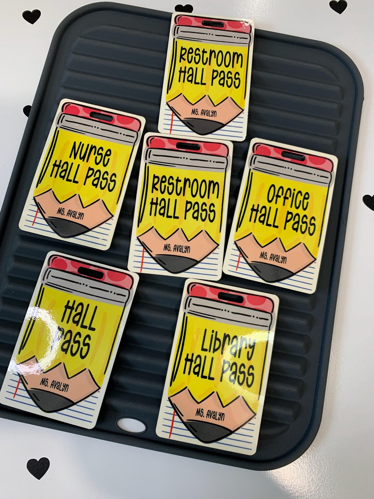 “Whimsical pencil and notebook themed hall pass for teachers”
“Double-sided classroom hall pass with lanyard”
“Back to school teacher gift – custom hall pass set”