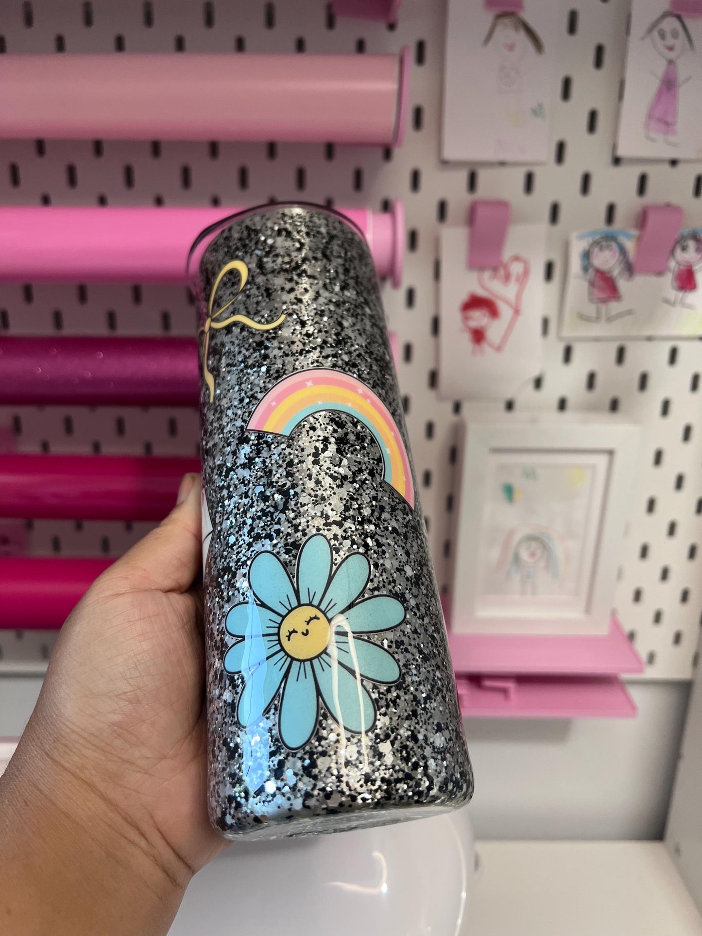 20oz Stainless Steel Glitter Composition Doodle Custom Tumbler with Straw Topper – Personalized Teacher Gift