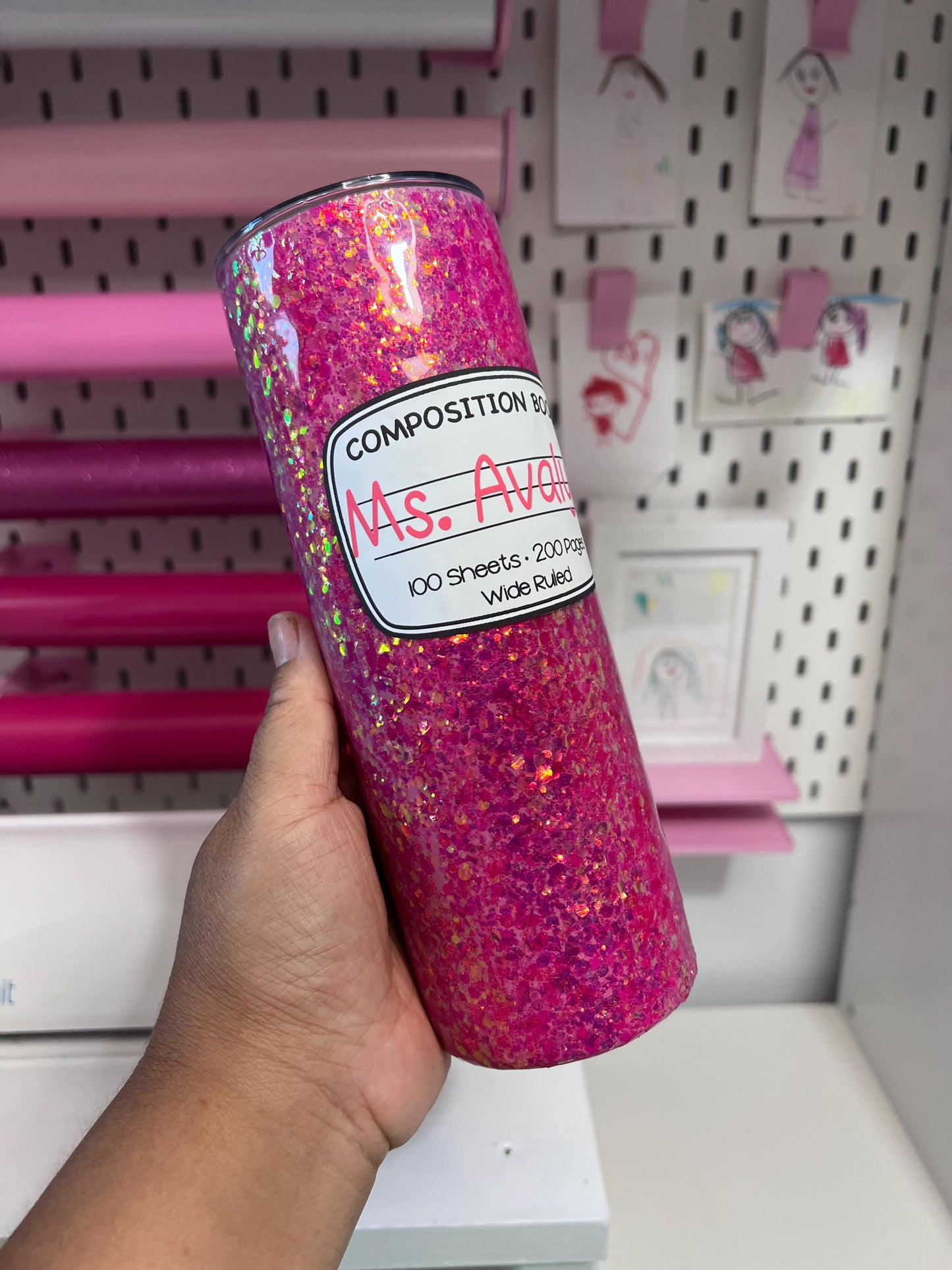 20oz Stainless Steel Glitter Pink Composition Notebook Custom Tumbler – Personalized Teacher or Student Gift by Lina Loves Two, handmade in Los Angeles CA