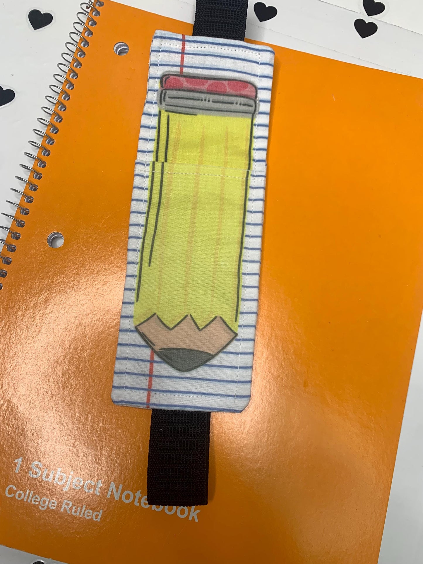 Elastic Bookmark Pencil Holder: Whimsical Pencil & Paper or Composition Theme by Lina Loves Two, handmade in Los Angeles CA