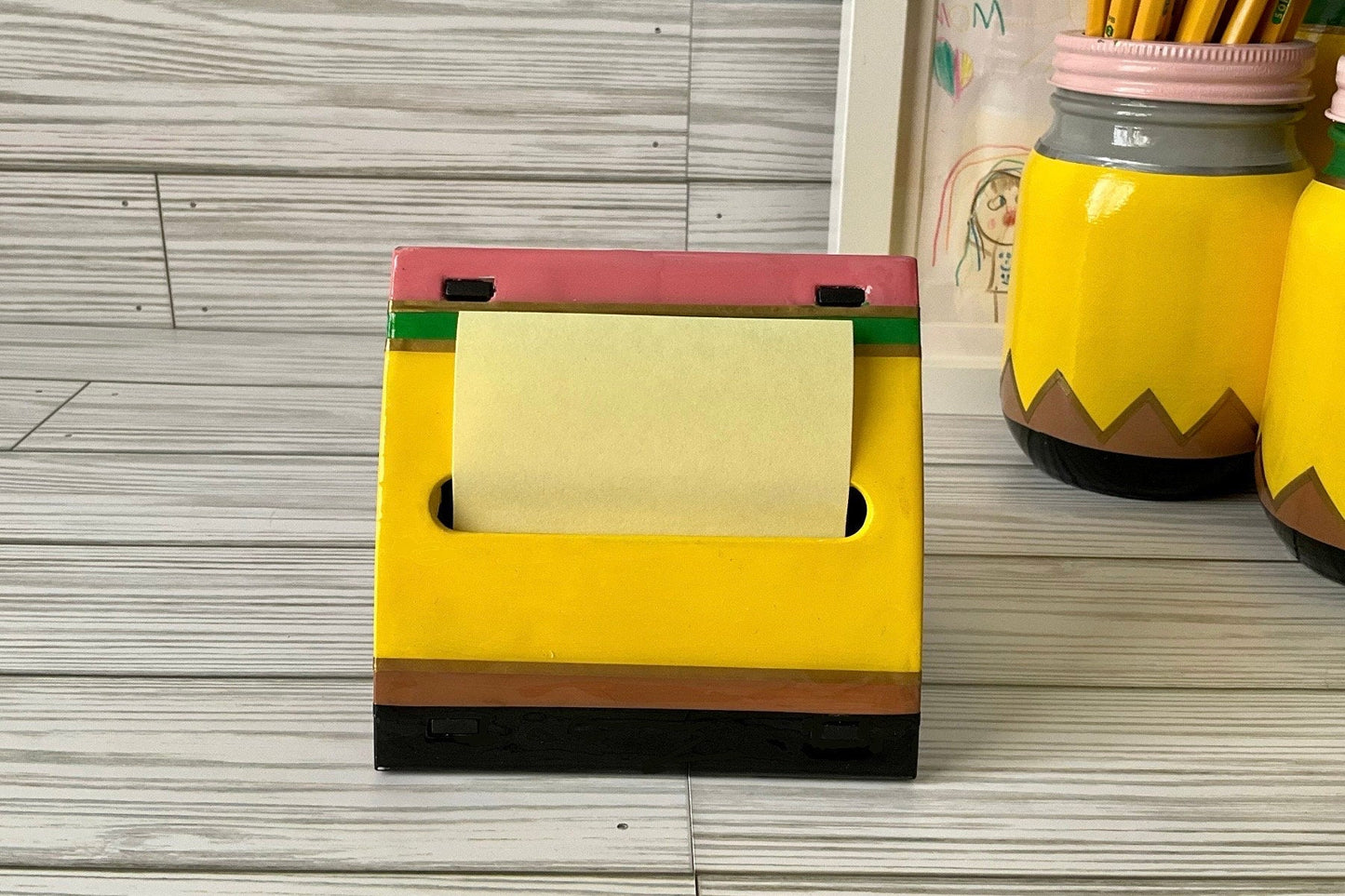 Teacher's Delight: Yellow Pencil Post-It Dispenser - Unique Teacher Gifts with Handy Post-It Functionality by Lina Loves Two, handmade in Los Angeles CA
