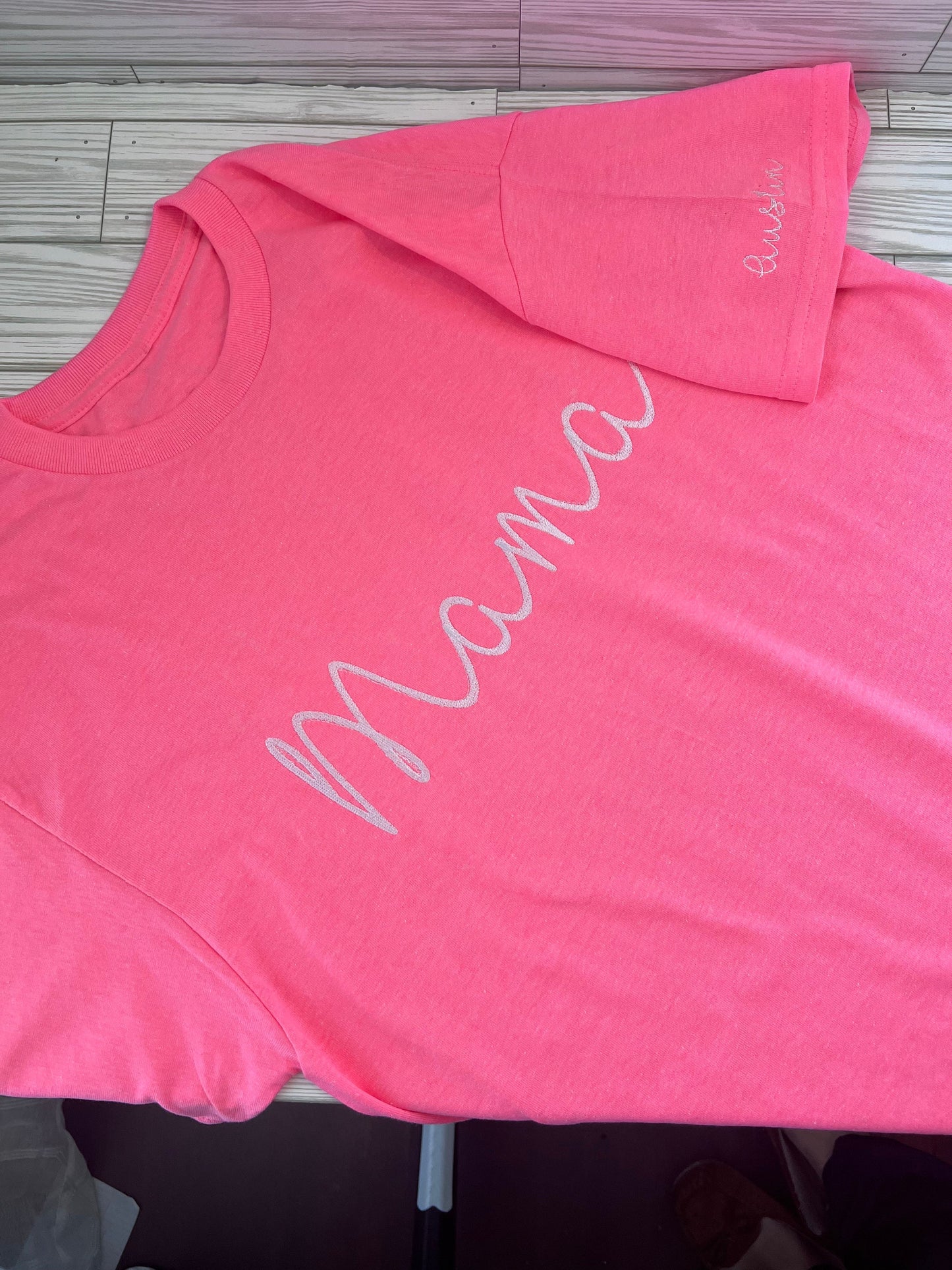 Mama Script Personalized Embroidered w/ Kids Name t-shirt - Mom and Mama Appreciation -Custom Embroidery for Mom shirt