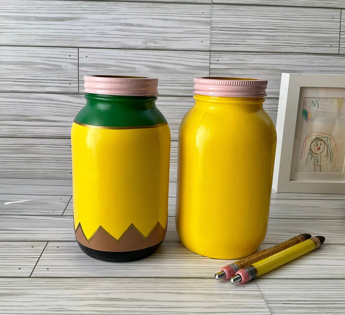 Pencil Holder 7” | Teacher Gifts | Glass Jar Pencil Holder | Yellow Pencil | Desk Organizer - Lina Loves Two