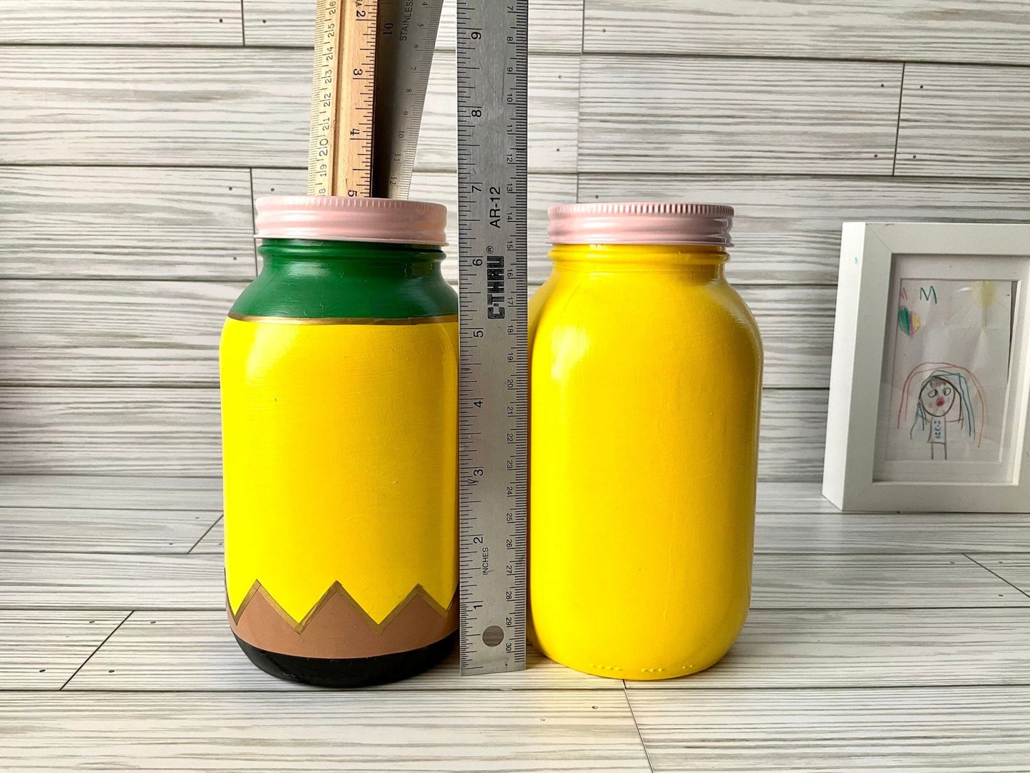 Pencil Holder 7” | Teacher Gifts | Glass Jar Pencil Holder | Yellow Pencil | Desk Organizer - Lina Loves Two