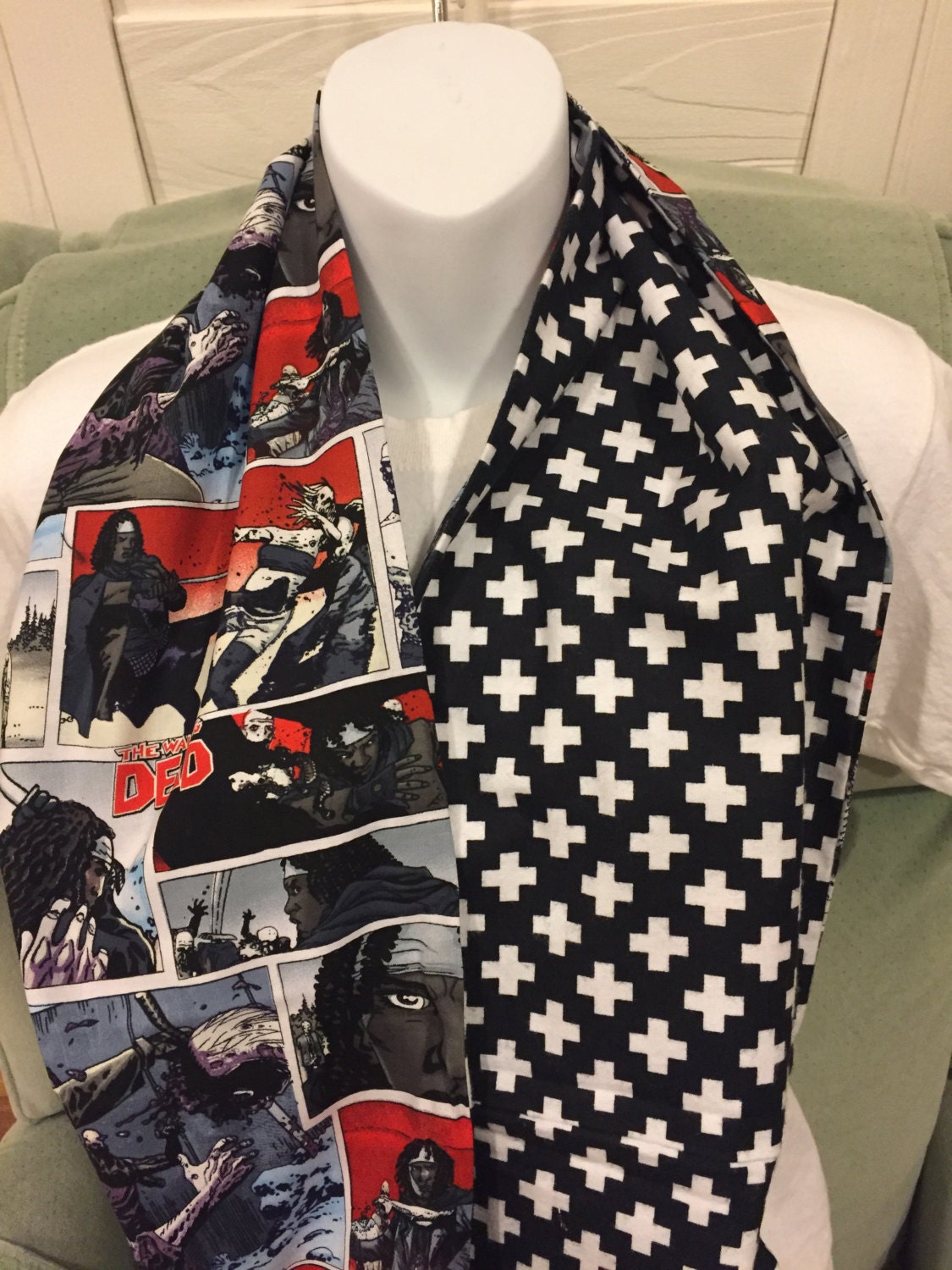 Walking Dead Infinity Scarf - Handmade Flannel Print, Plus Signs, Zombie Apocalypse Fashion