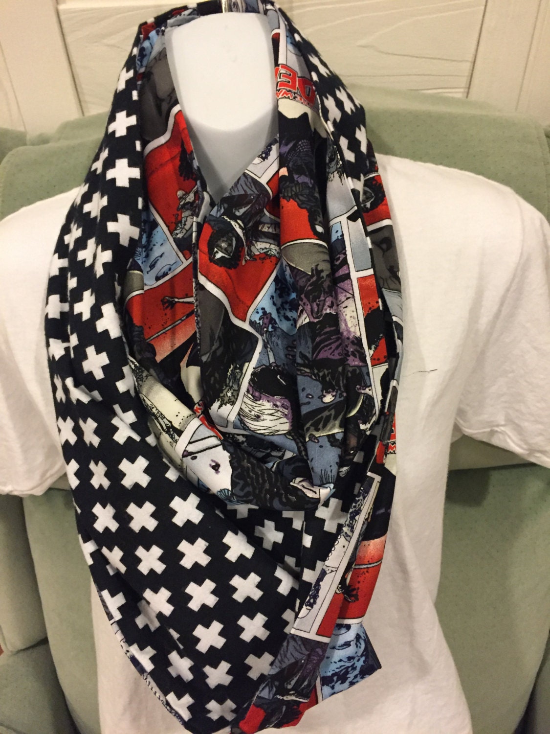 Walking Dead Infinity Scarf - Handmade Flannel Print, Plus Signs, Zombie Apocalypse Fashion