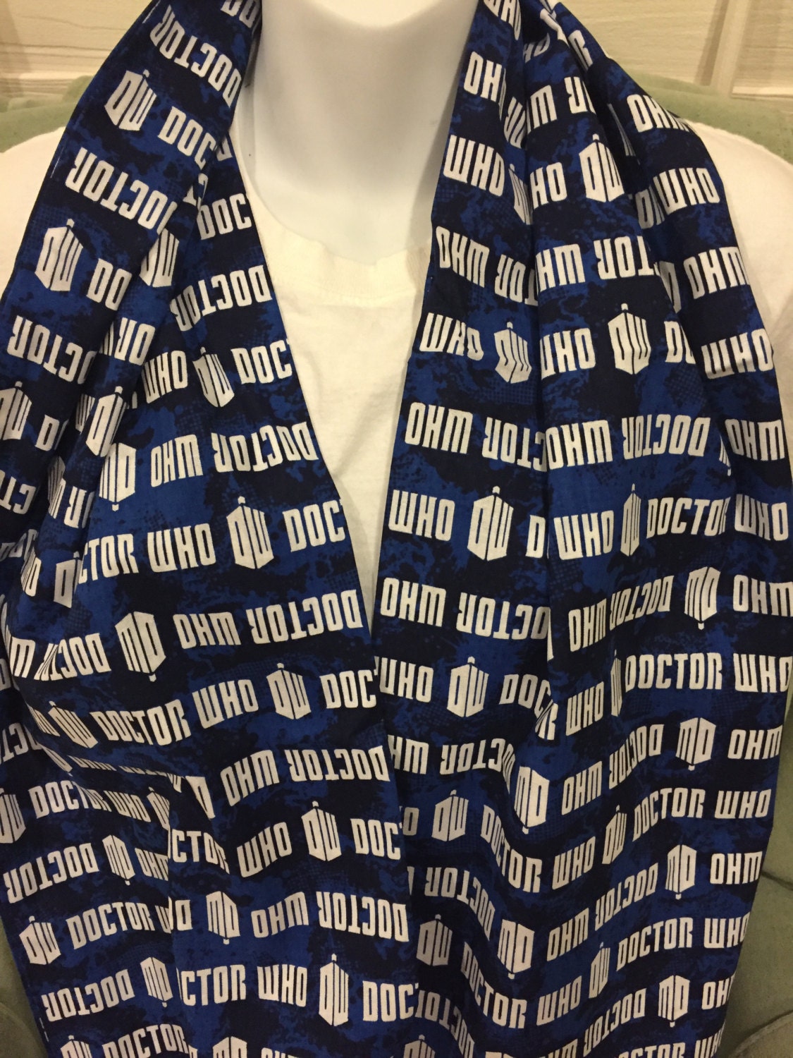 Doctor Who Logo Stripe Infinity Scarf - Sci-Fi Fashion Accessory for Whovians by Lina Loves Two, handmade in Los Angeles CA