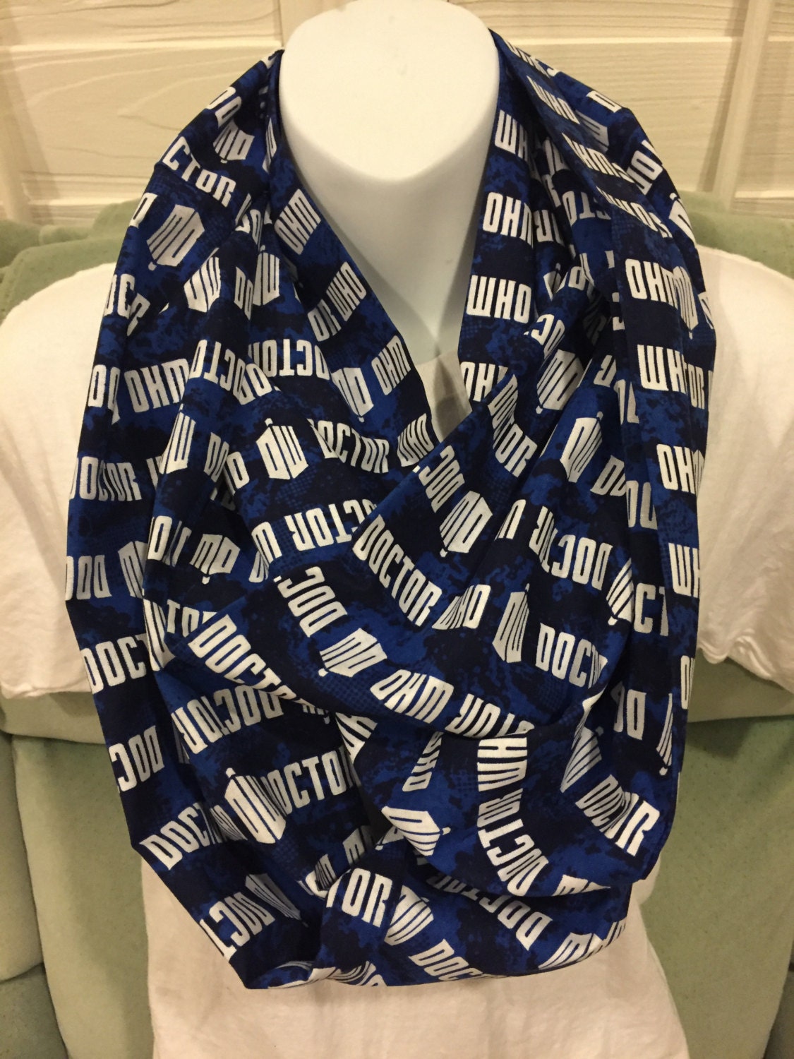 Doctor Who Logo Stripe Infinity Scarf - Sci-Fi Fashion Accessory for Whovians by Lina Loves Two, handmade in Los Angeles CA