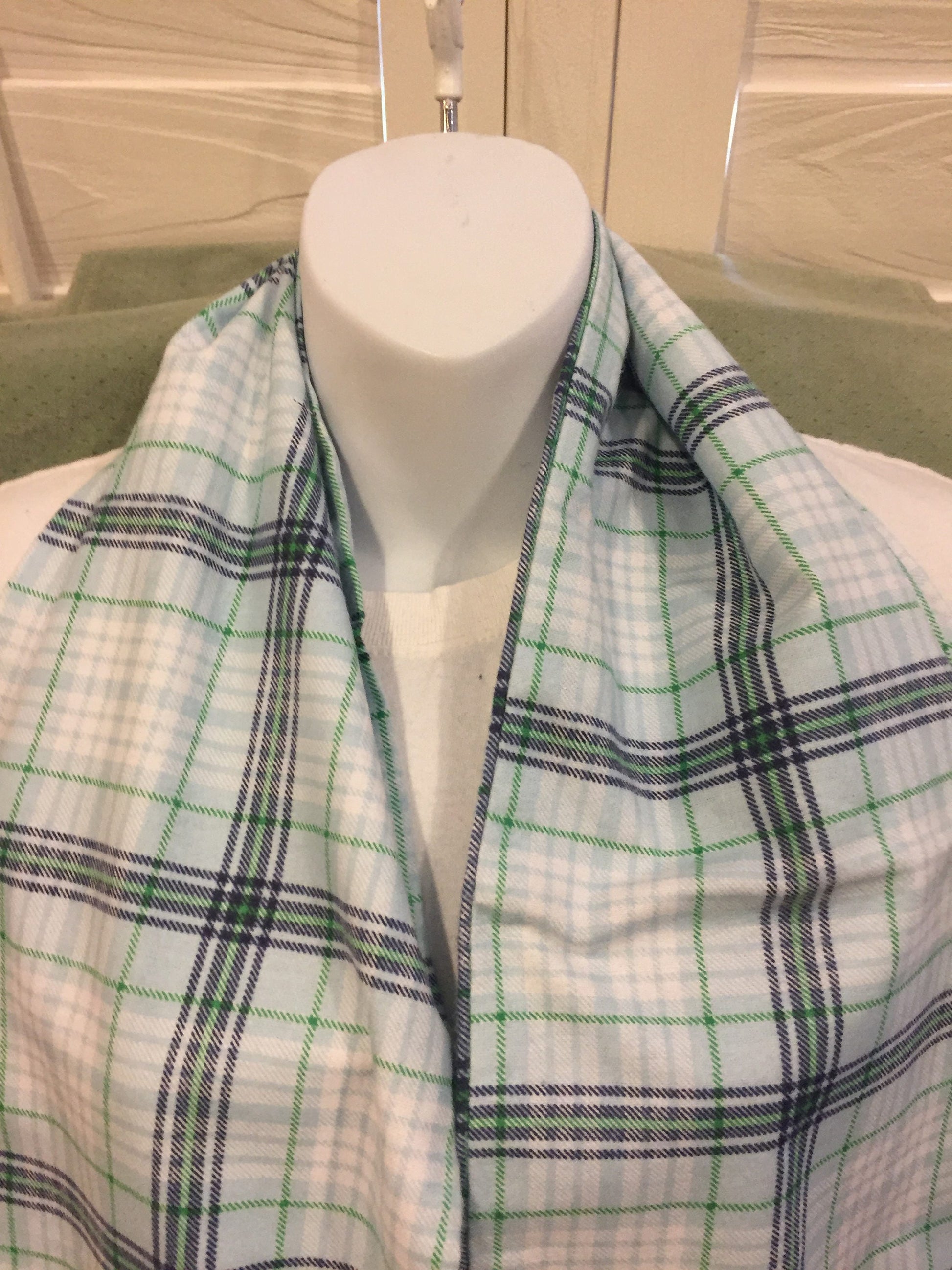 Cozy Blue and Green Plaid Flannel Infinity Scarf - Stylish Winter Fashion Accessory by Lina Loves Two, handmade in Los Angeles CA