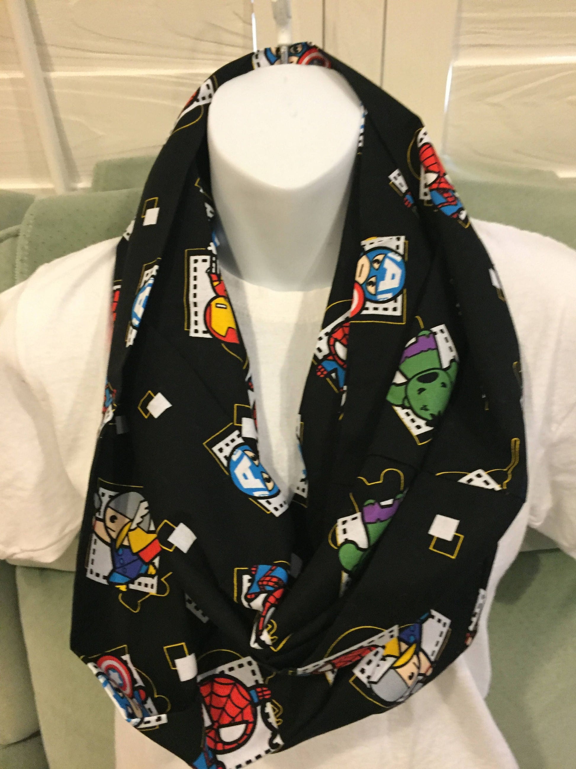 Marvel Kawaii Superheroes Infinity Scarf - Handmade Fabric Print Accessory | Comic Fans Gift | Unique Hero Fashion by Lina Loves Two, handmade in Los Angeles CA