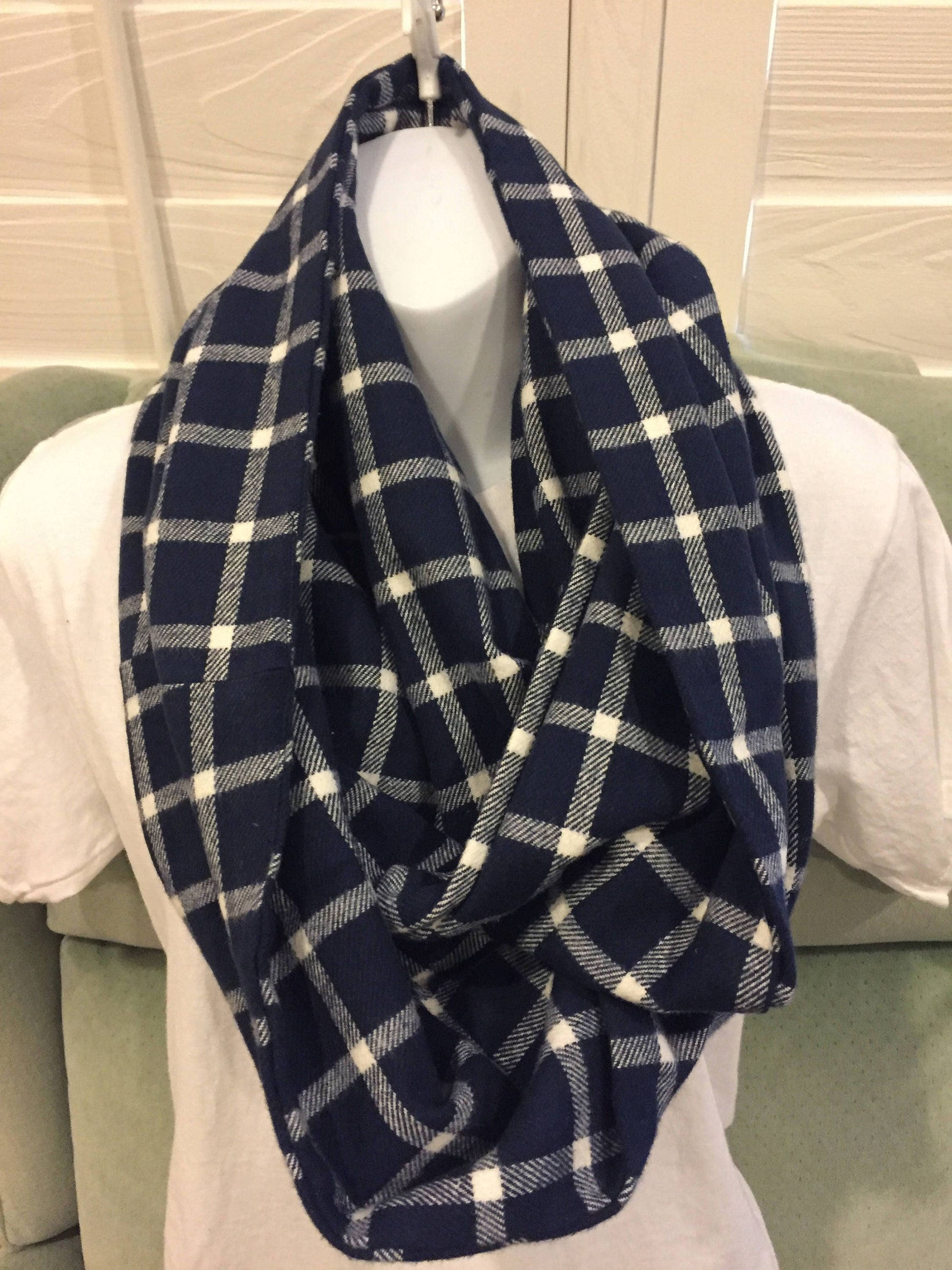 Handmade Blue and White Blocks Plaid Fleece Infinity Scarf - Cozy Winter Fashion Accessory by Lina Loves Two, handmade in Los Angeles CA