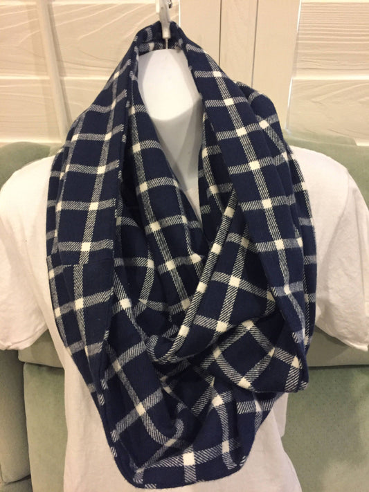 Handmade Blue and White Blocks Plaid Fleece Infinity Scarf - Cozy Winter Fashion Accessory by Lina Loves Two, handmade in Los Angeles CA