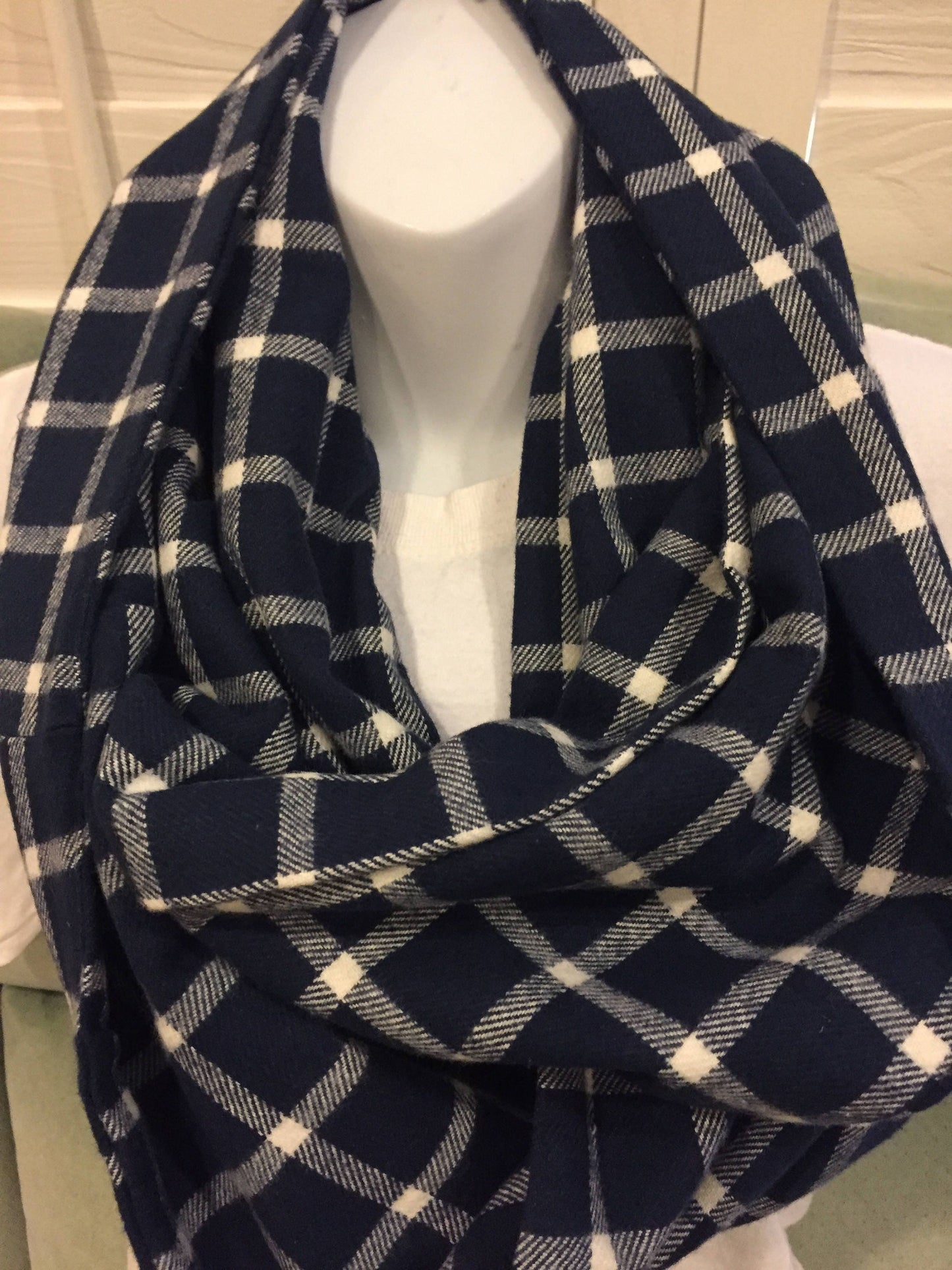 Handmade Blue and White Blocks Plaid Fleece Infinity Scarf - Cozy Winter Fashion Accessory by Lina Loves Two, handmade in Los Angeles CA