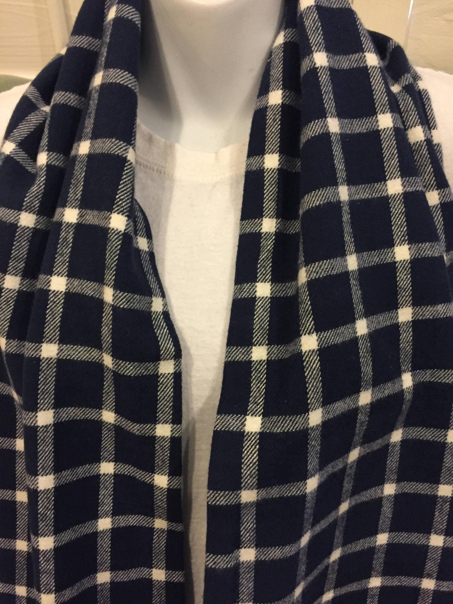Handmade Blue and White Blocks Plaid Fleece Infinity Scarf - Cozy Winter Fashion Accessory by Lina Loves Two, handmade in Los Angeles CA