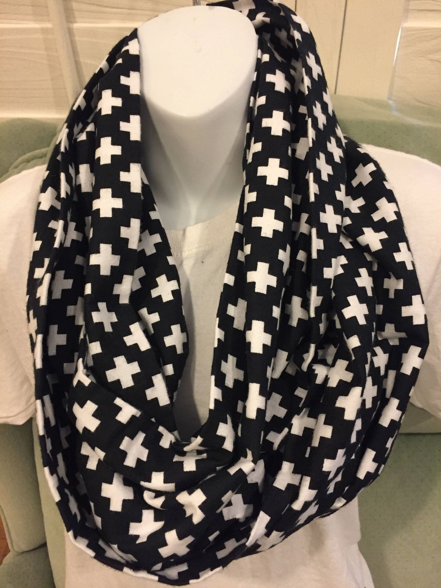 Handmade Cotton Infinity Scarf: Plus Sign Print Lightweight Neck Warmer by Lina Loves Two, handmade in Los Angeles CA