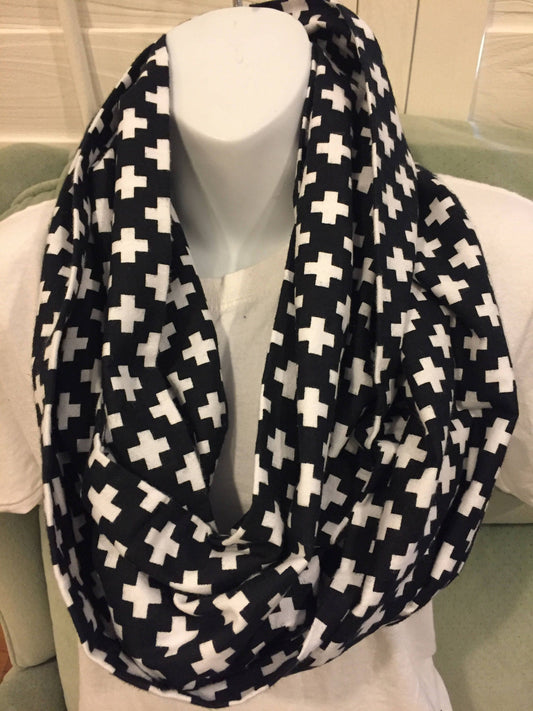 Handmade Cotton Infinity Scarf: Plus Sign Print Lightweight Neck Warmer by Lina Loves Two, handmade in Los Angeles CA