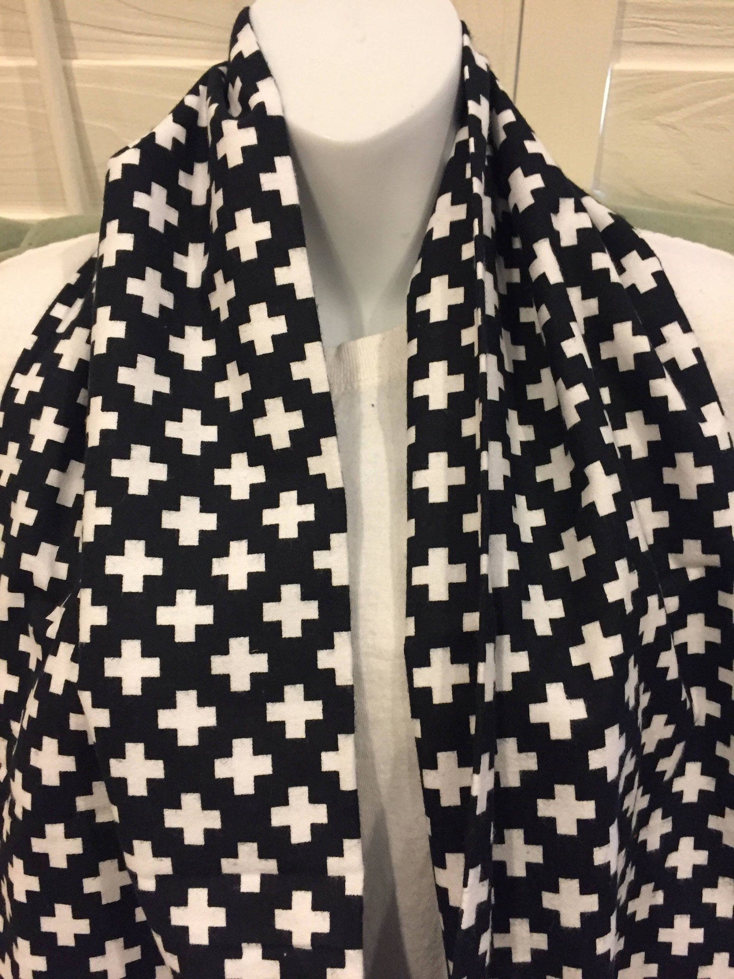 Handmade Cotton Infinity Scarf: Plus Sign Print Lightweight Neck Warmer by Lina Loves Two, handmade in Los Angeles CA