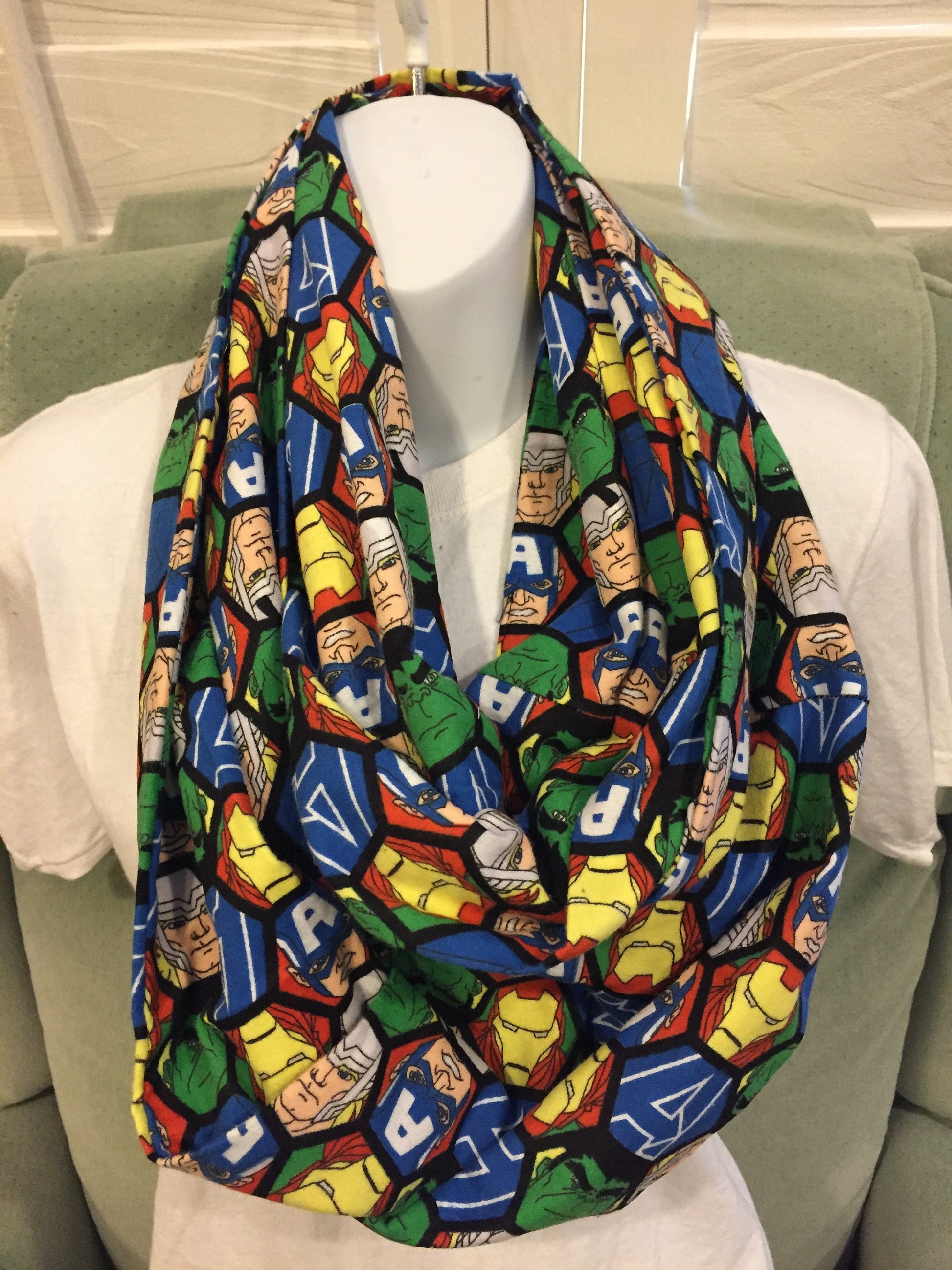 Avengers Faces Flannel Infinity Scarf - Marvel Fashion Accessory - Superhero Gift for Fans by Lina Loves Two, handmade in Los Angeles CA