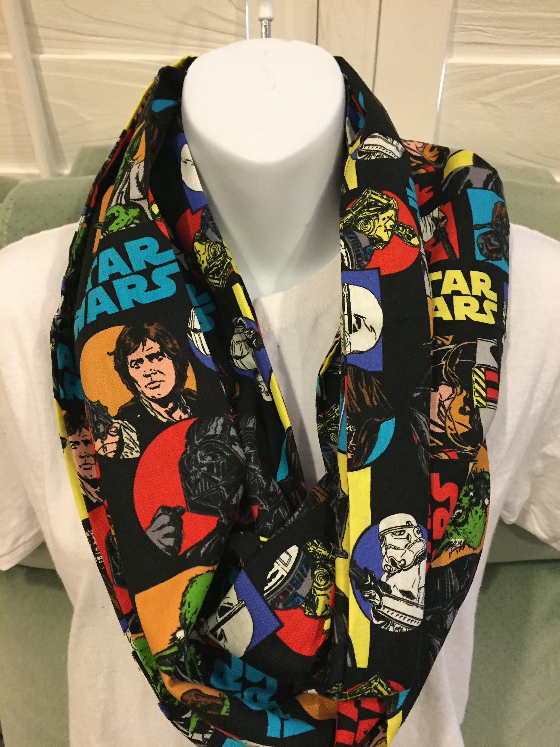 Star Wars Cartoon Characters Infinity Scarf - Galactic Fashion Accessory with Iconic Characters by Lina Loves Two, handmade in Los Angeles CA
