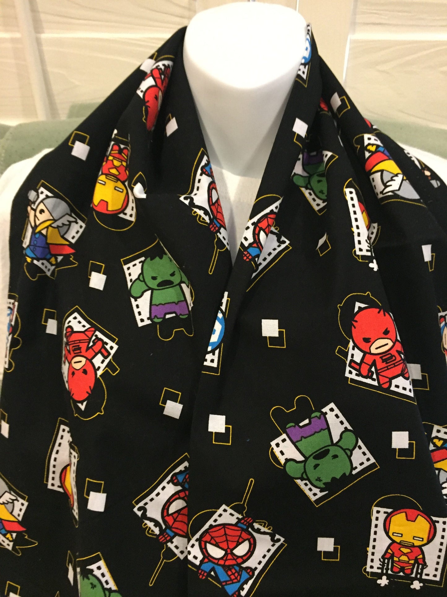 Marvel Kawaii Superheroes Infinity Scarf - Handmade Fabric Print Accessory | Comic Fans Gift | Unique Hero Fashion by Lina Loves Two, handmade in Los Angeles CA