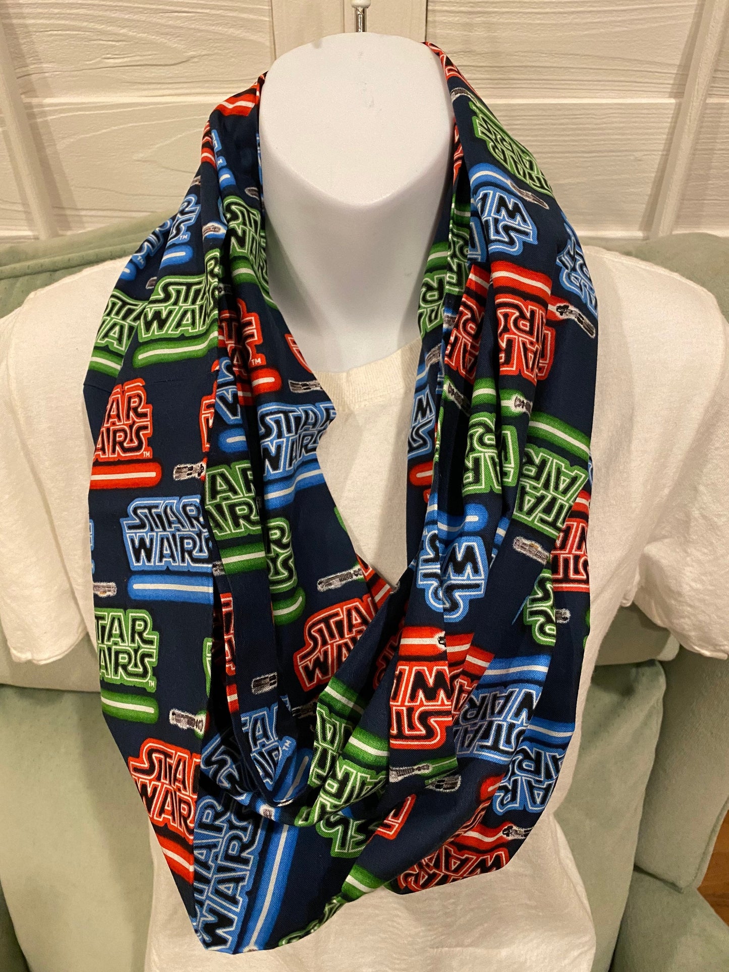 Star Wars Classic Light Sabers Infinity Scarf - Handmade Print Accessory | Sci-Fi Fashion | Galactic Gift by Lina Loves Two, handmade in Los Angeles CA
