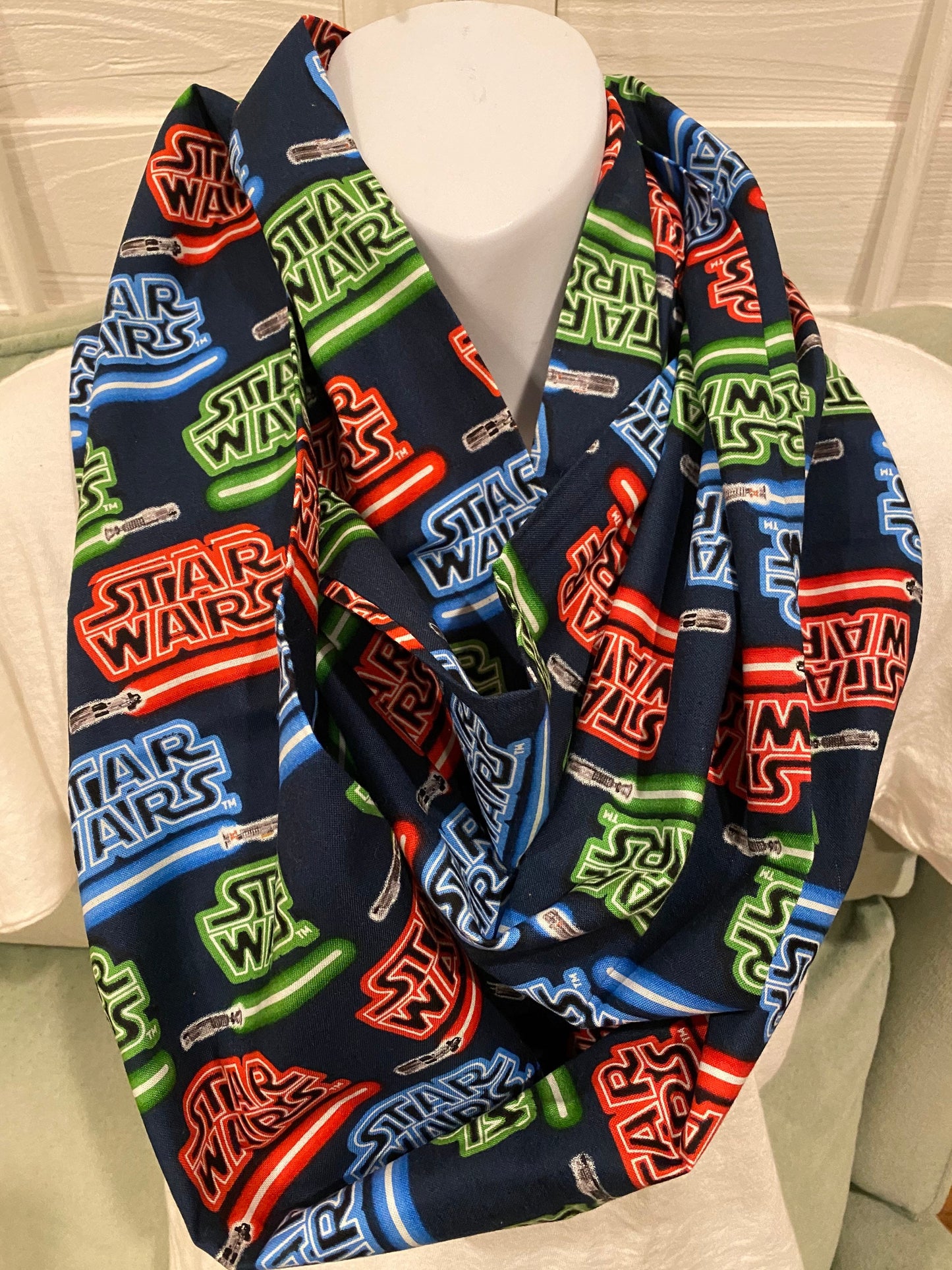 Star Wars Classic Light Sabers Infinity Scarf - Handmade Print Accessory | Sci-Fi Fashion | Galactic Gift by Lina Loves Two, handmade in Los Angeles CA