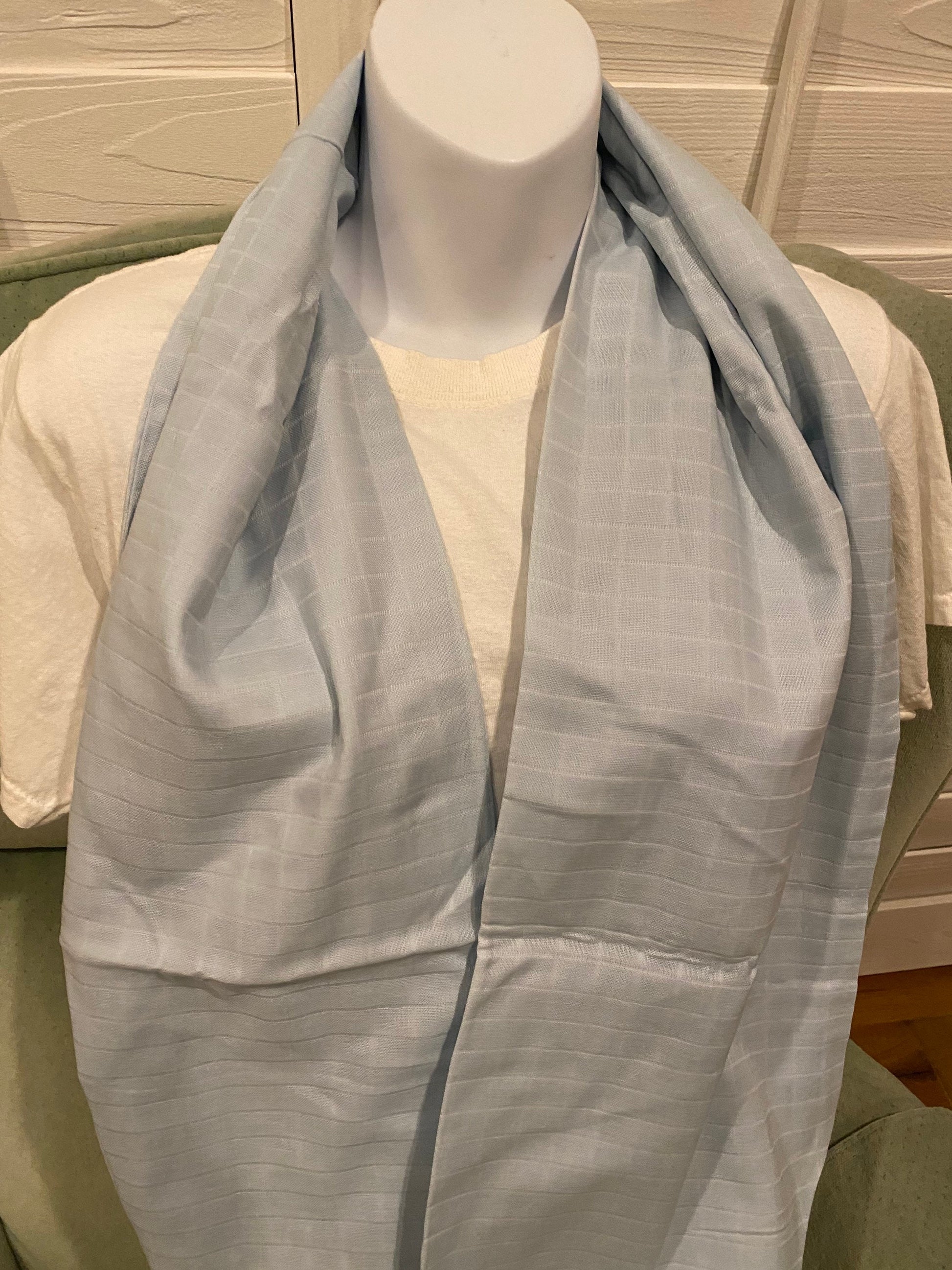 Handmade Baby Blue Cotton Infinity Scarf: Lightweight Muslin Scarf by Lina Loves Two, handmade in Los Angeles CA
