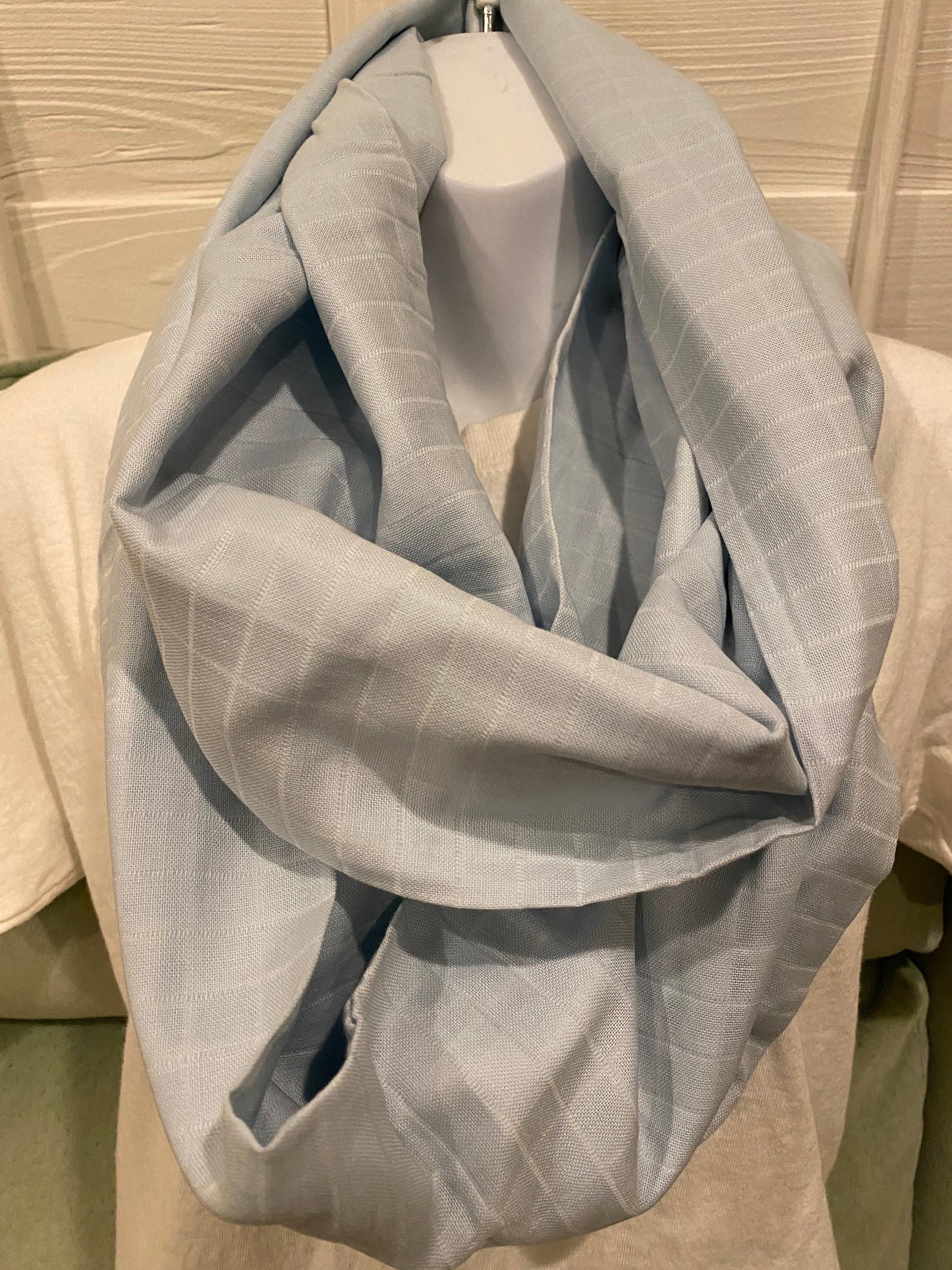 Handmade Baby Blue Cotton Infinity Scarf: Lightweight Muslin Scarf by Lina Loves Two, handmade in Los Angeles CA