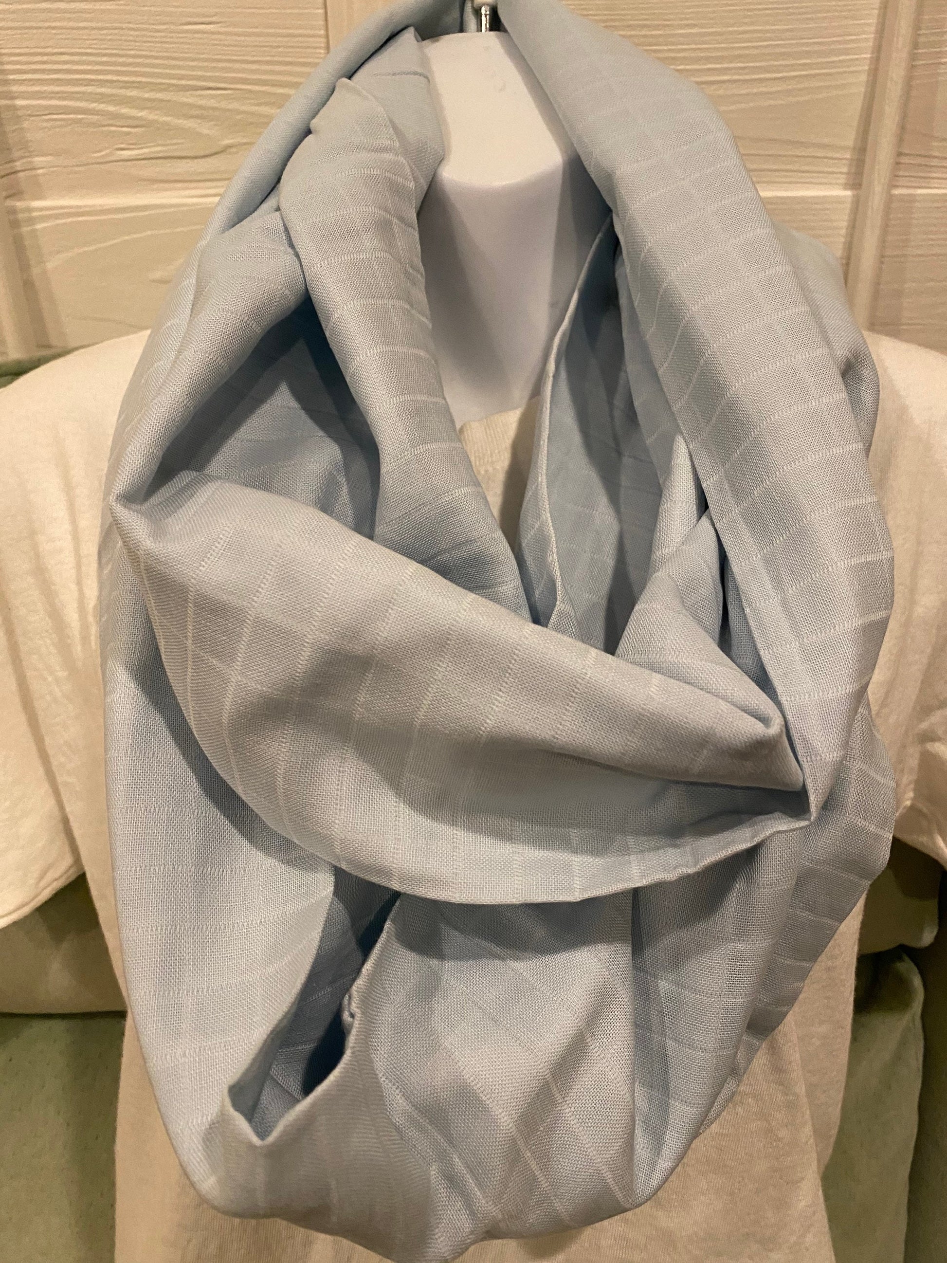 Handmade Baby Blue Cotton Infinity Scarf: Lightweight Muslin Scarf by Lina Loves Two, handmade in Los Angeles CA
