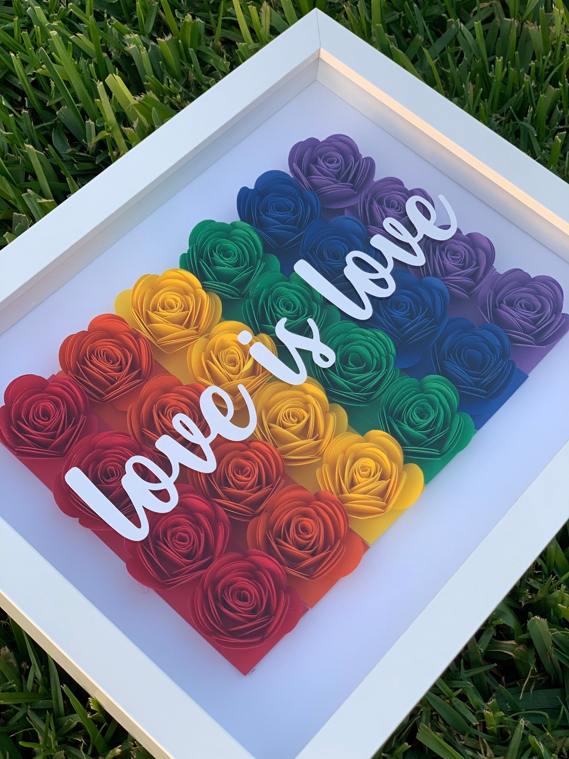 Express Love: LGBTQ Pride 3D Flower Shadow Box - Love is Love, Rainbow Decor with Vibrant Paper Flowers