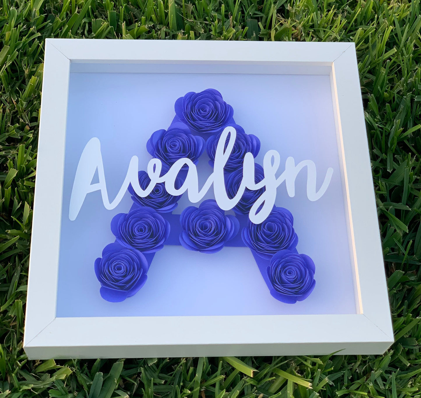 Blossoming Identity: Personalized Initial & Name Flower Frame - Paper Shadow Box for Kid's Room, Nursery Decor Delight