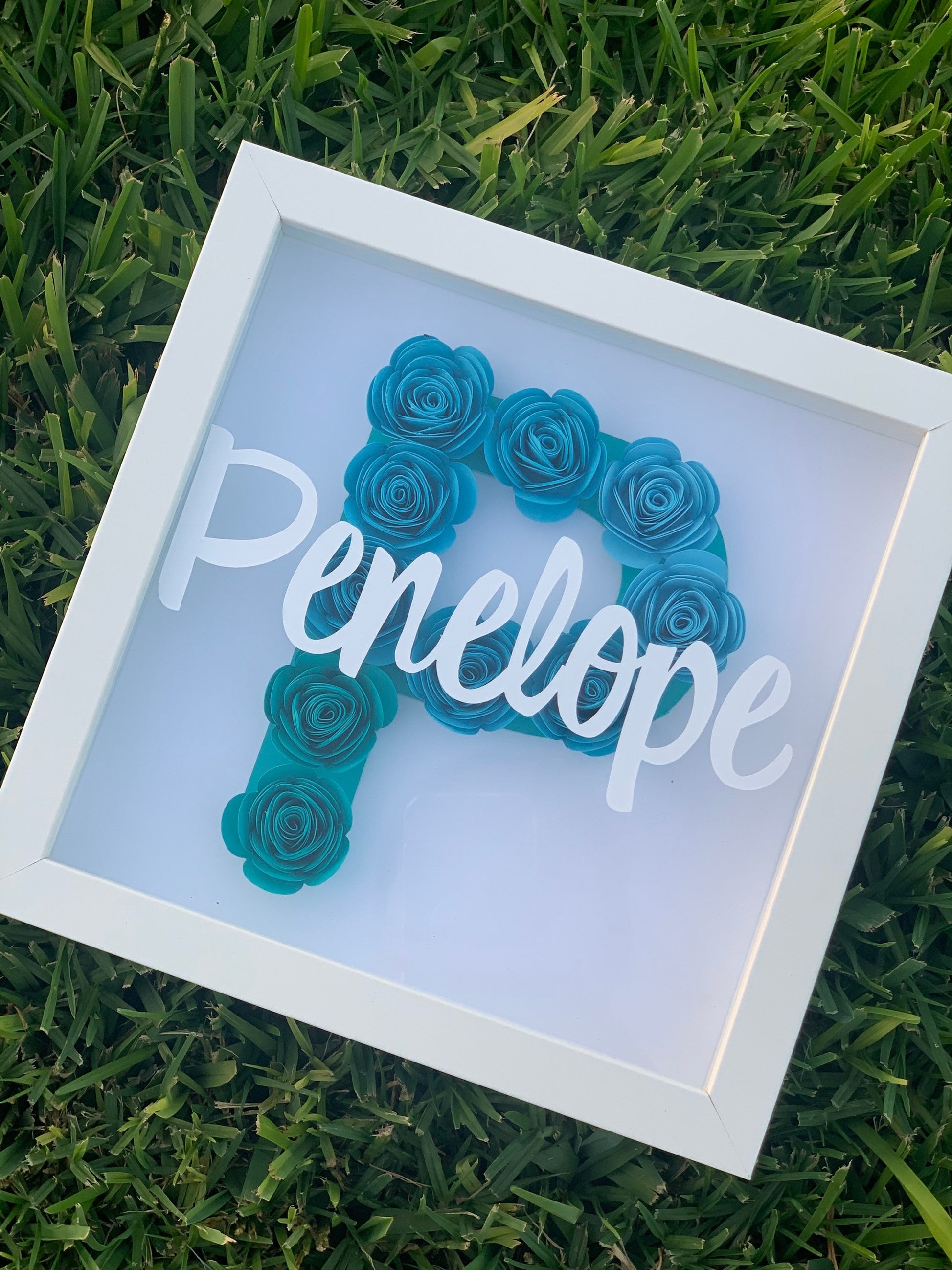 Blossoming Identity: Personalized Initial & Name Flower Frame - Paper Shadow Box for Kid's Room, Nursery Decor Delight