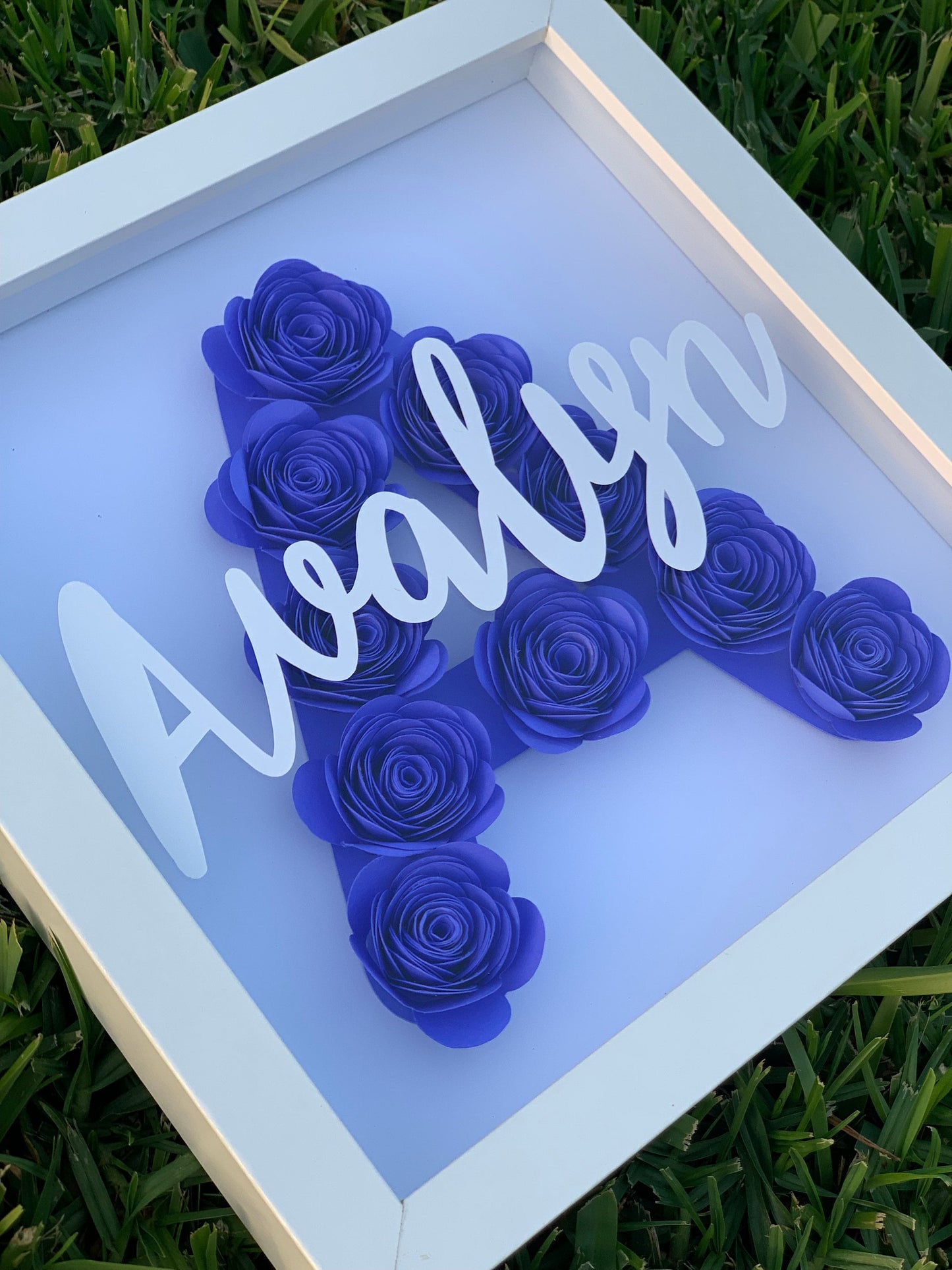 Blossoming Identity: Personalized Initial & Name Flower Frame - Paper Shadow Box for Kid's Room, Nursery Decor Delight